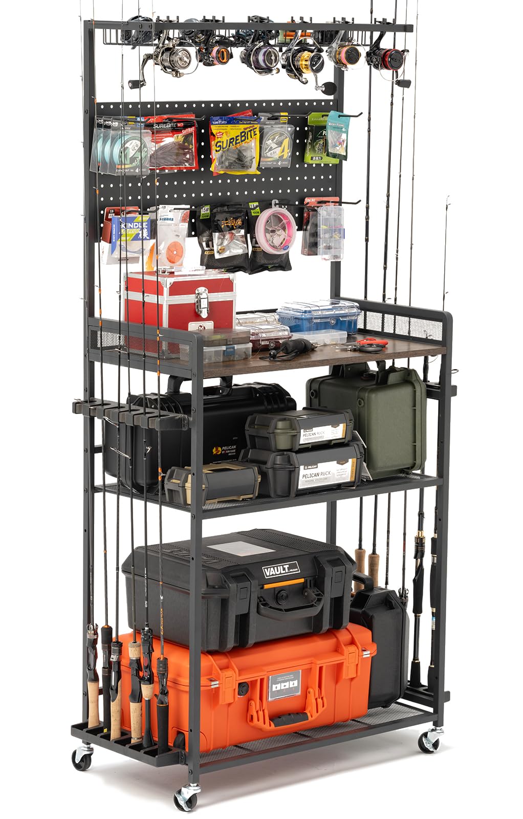 SOYEEZE Fishing Rod Holders for Garage,Fishing Gear Holder for Fishing Rod Tackle Box Storage,Fishing Pole Holders for 12 Rods with Hooks and Pegboard,Fishing Cart with Reel Rack
