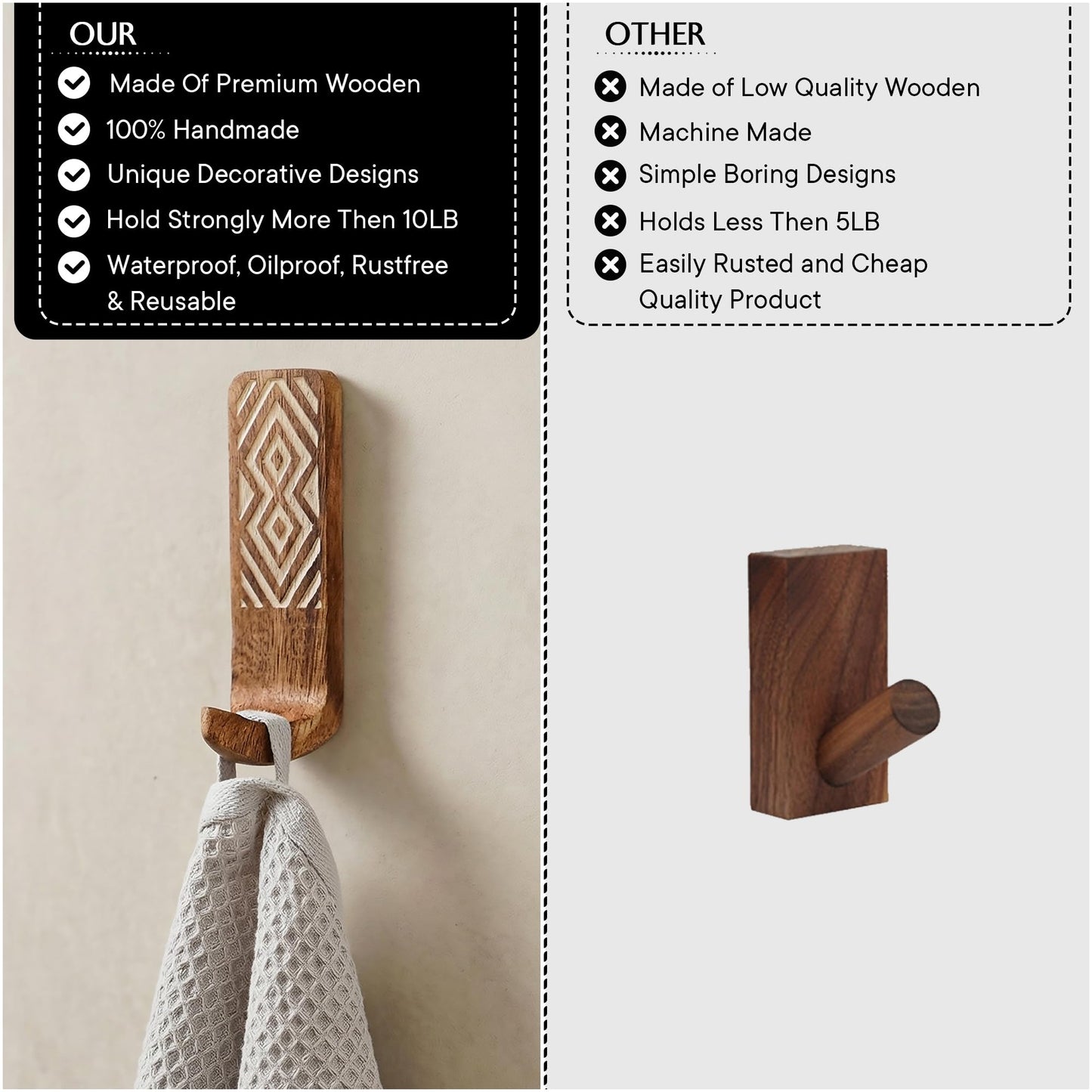 Indian Shelf Boho Wood Adhesive Wall Hooks - 3 Pack Decorative Peel and Stick Key Hooks - Unique Wall Hangers for Bathroom & Entryway