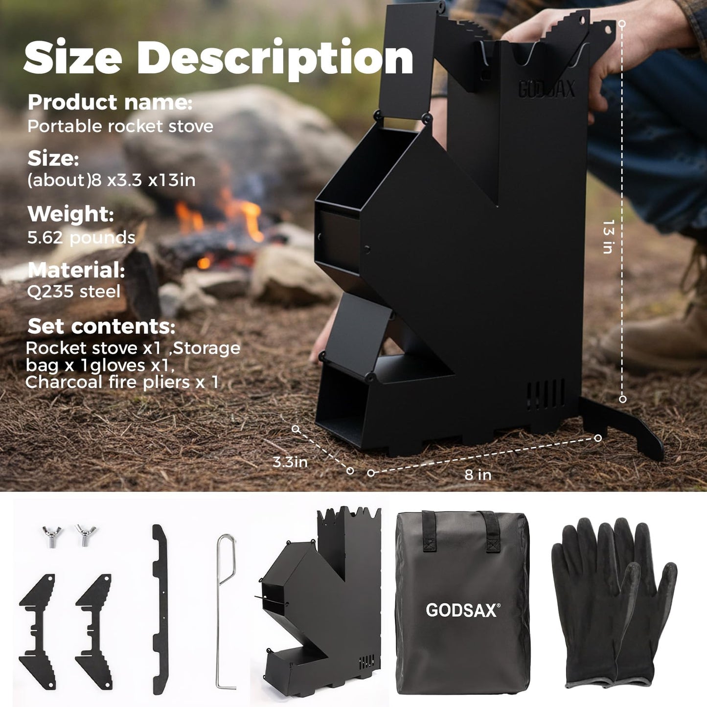 Rocket Stove for Cooking Portable Wood Burning Wood Fire Camping Backyard Cooking Outdoor Events BBQ Comes with Storage Bag