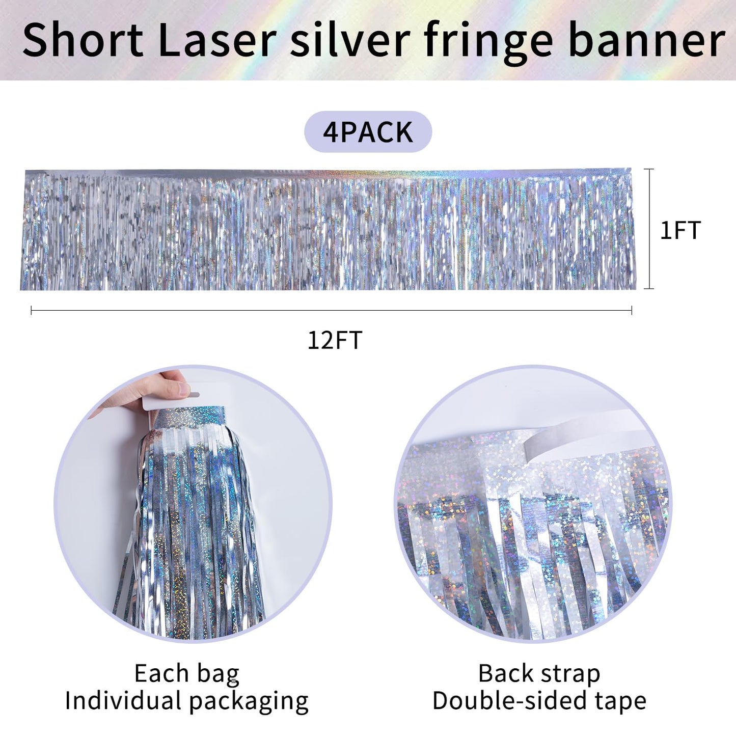 YUKL Laser Silver Streamers Party Decorations 4Pack 48FT Table Skirt Tinsel Garland Metallic Parade Float Decorations Ceiling Backdrop Curtain for Wedding Birthday Party Decoration Halloween Christmas