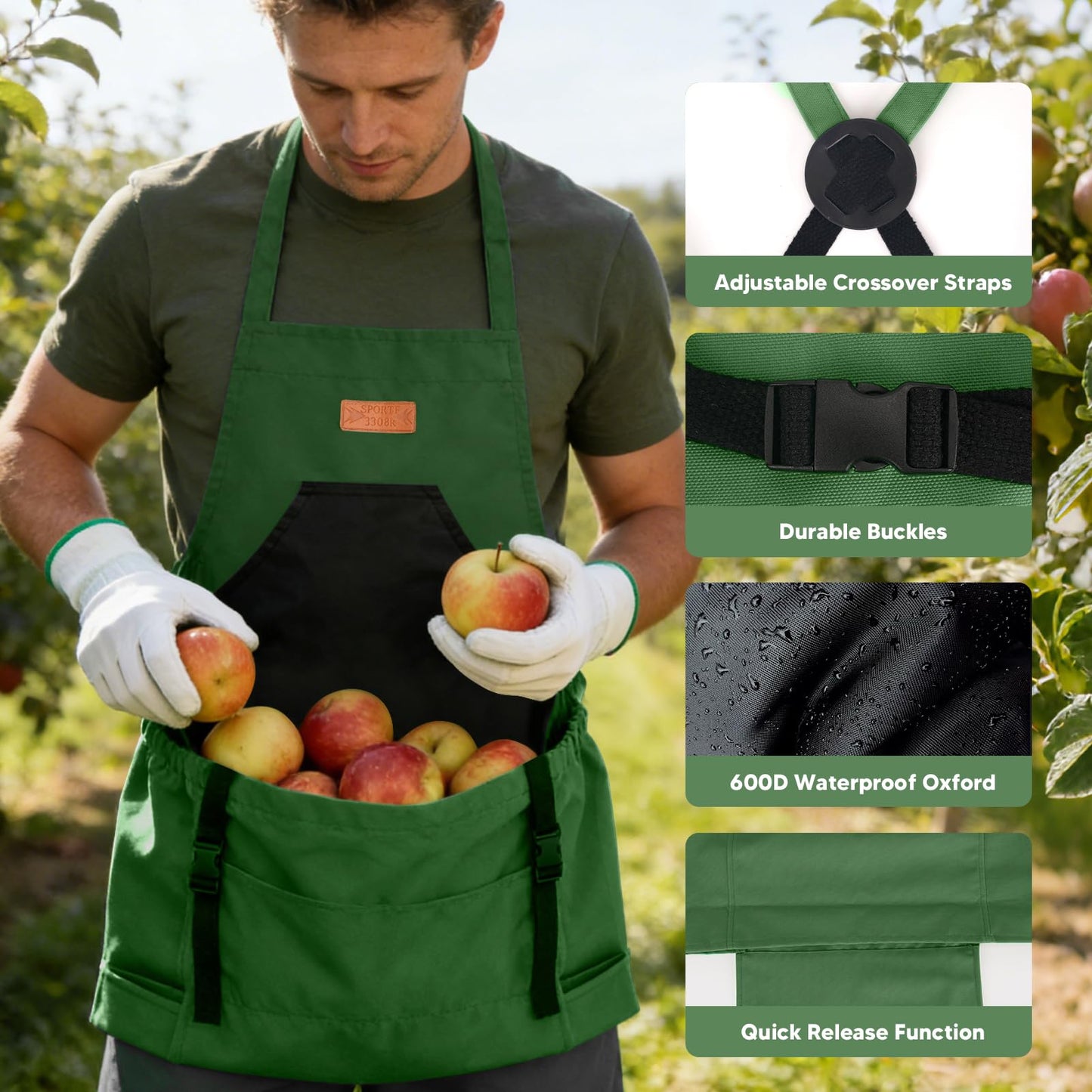 LIBKUR 3Pcs Gardening Apron Kit, Waterproof Harvest Apron with Multi-Pocket & Adjustable Cross Strap, Pruning Shears & Non-Slip Gloves for Harvesting & Gardening for Men Women(Army Green)