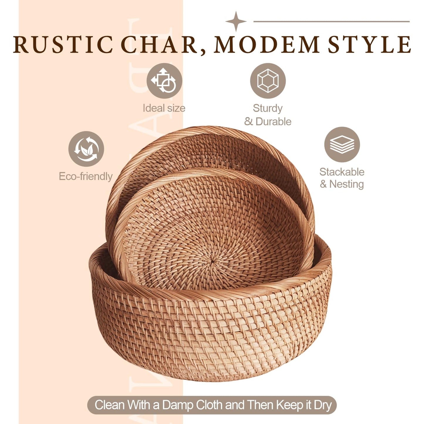 9.2" Medium Round Rattan Wicker Bread Basket, Natural Fruit Basket for Kitchen Counter, Hand Woven Food Baskets, Artisanal Bread Baskets for Serving, Fruit, Vegetable, Snack, key, Etc.