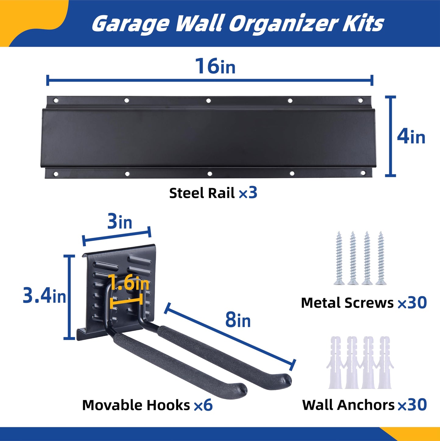 Garage Tool Organizer Wall Mount, 48" Garage Wall Organizer, Heavy Duty Garden Tool Organizers with Adjustable Hooks, 400 lbs Garages Organization, Anti-Rust Garden Tool Storage Rack for Yard and Shed