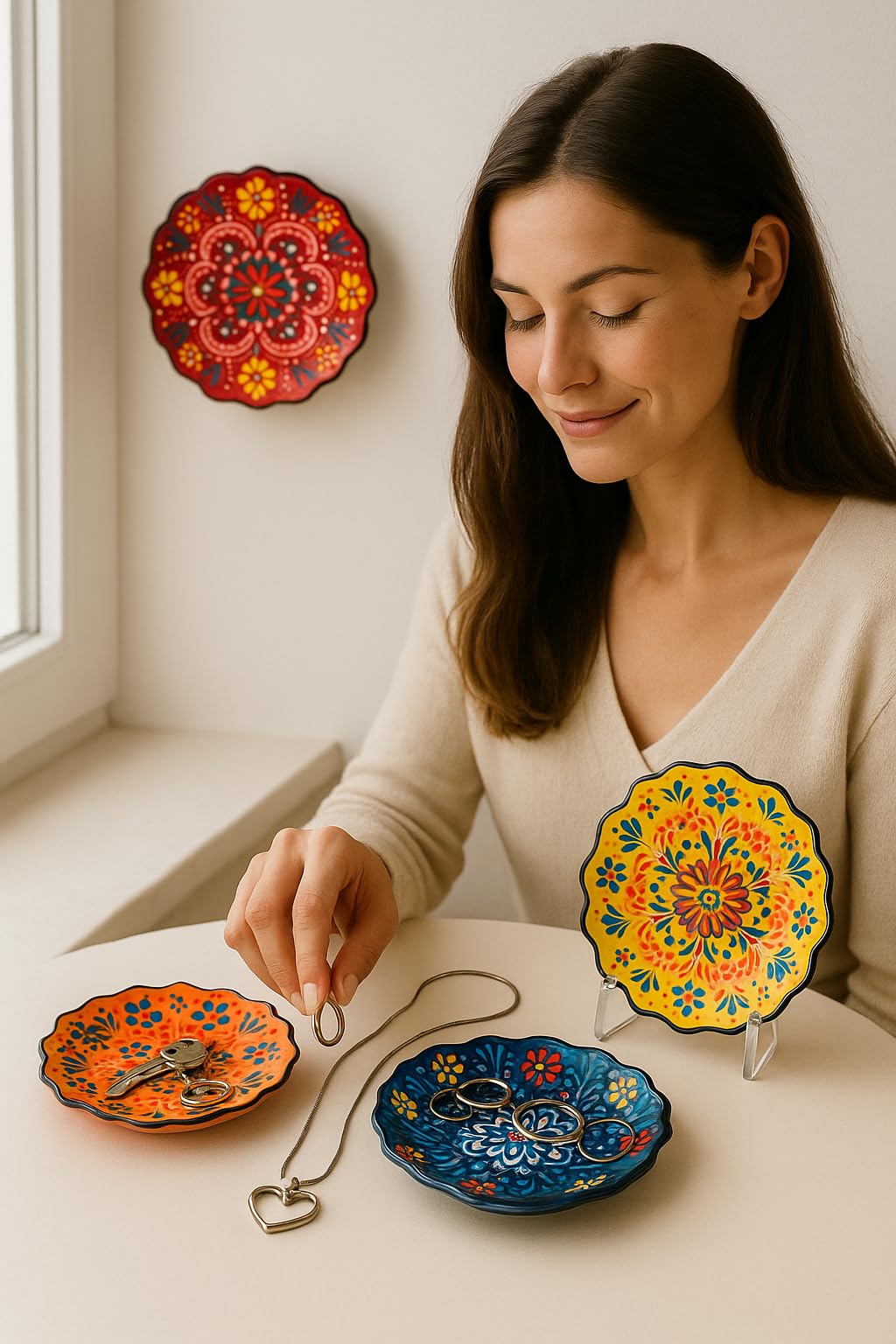 Ayennur 4-Piece 5-Inch Handmade Turkish Ceramic Plate Set – Wall & Table Decor & Jewelry/Ring Dish – Decorative Rings & Jewelry Tray Set