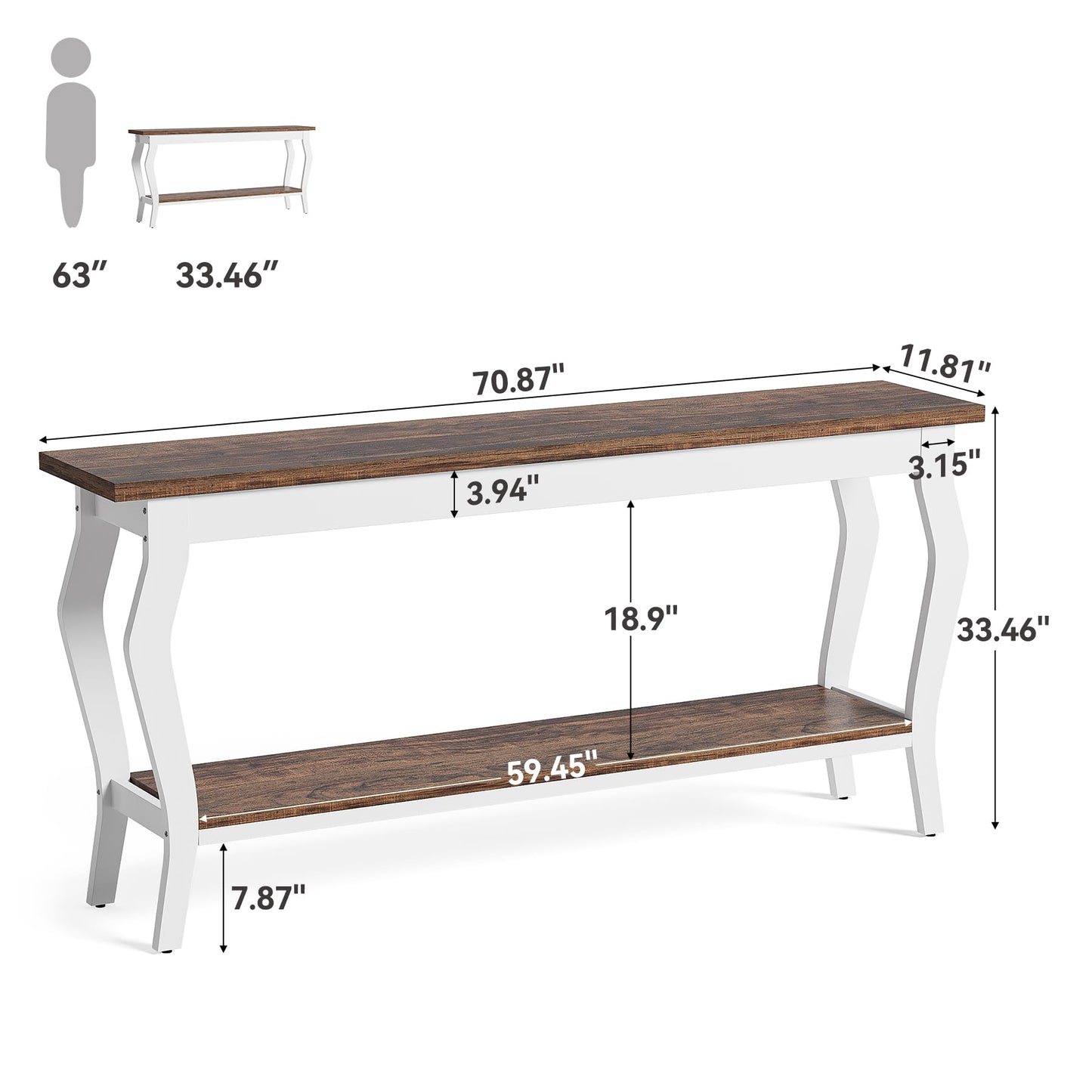 LITTLE TREE 70.9 Inches Long Console Table, 2-Tier Vintage Wooden Sofa Table Behind The Couch with Metal Legs for Hallway, Entryway, Living Room, Brown & White