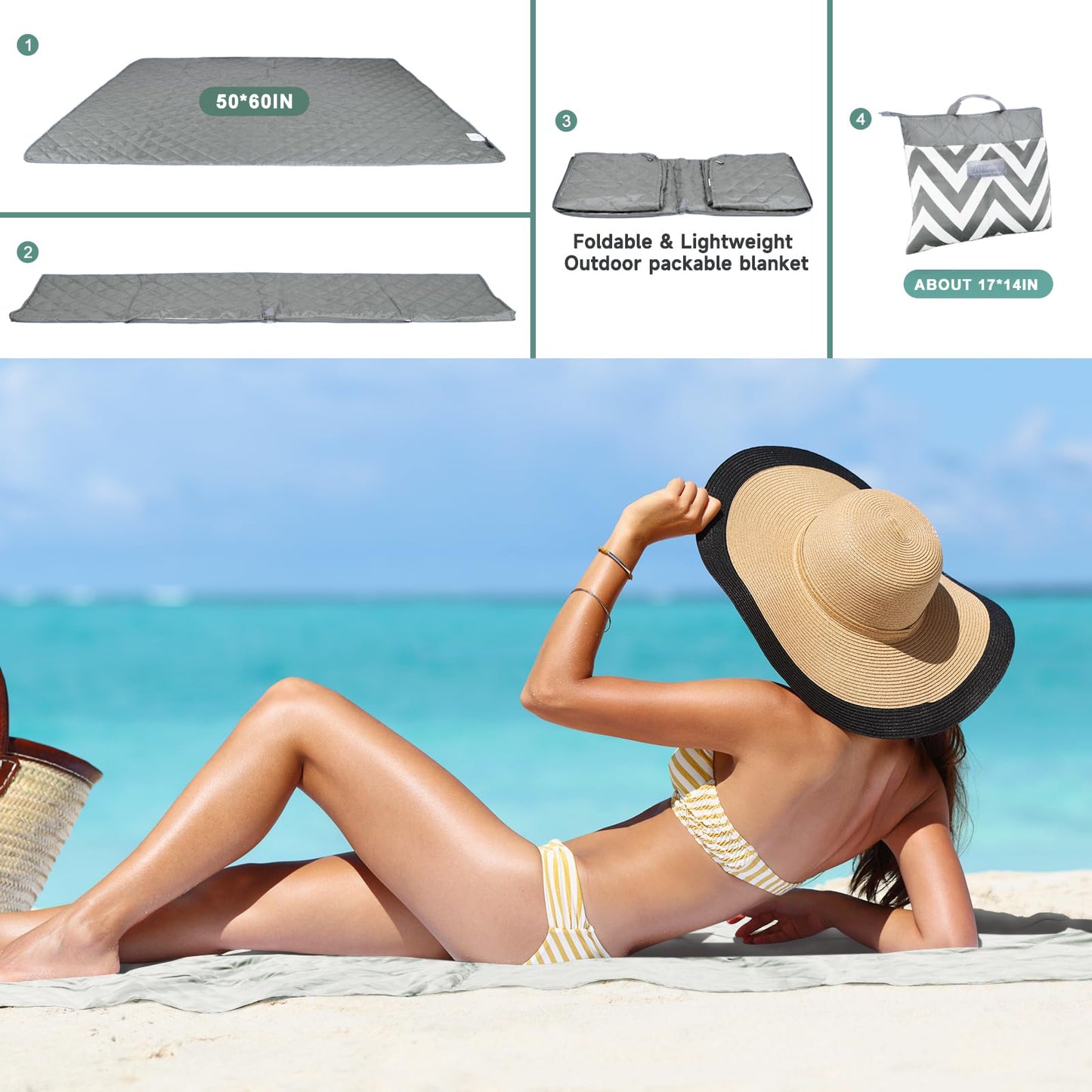 Solaris Waterproof Picnic Blanket, Lightweight 50” x 60” Foldable Sandproof Beach Blanket with Large Pocket, Portable Outdoor Camping Blanket Great Couples Gift Ideas, Gray Wavy