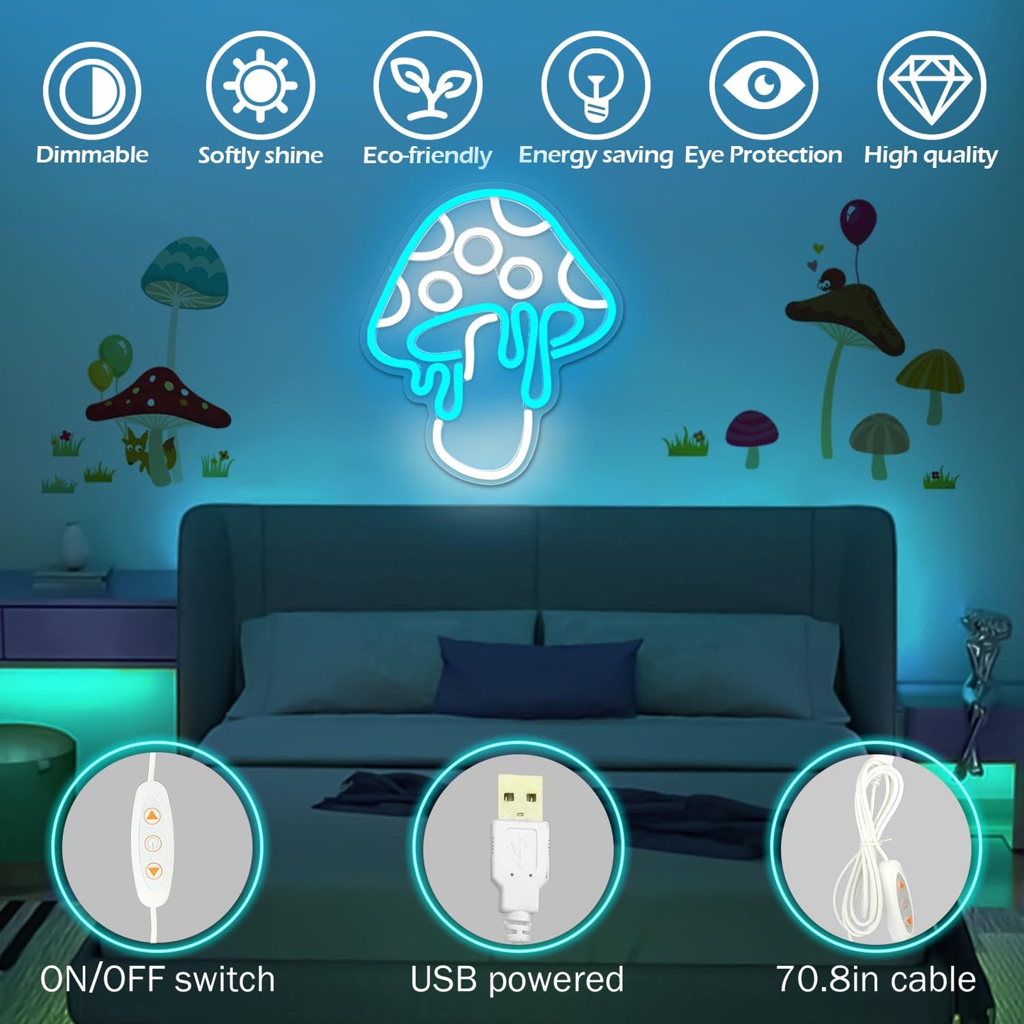 Ajoyferris Mushroom Neon Sign Dimmable Neon Light Sign Mushroom Night Light 3D Light Up Mushrooms Neon Signs for Wall Decor Game Room Bedroom Gift for Kids(Ice Blue)