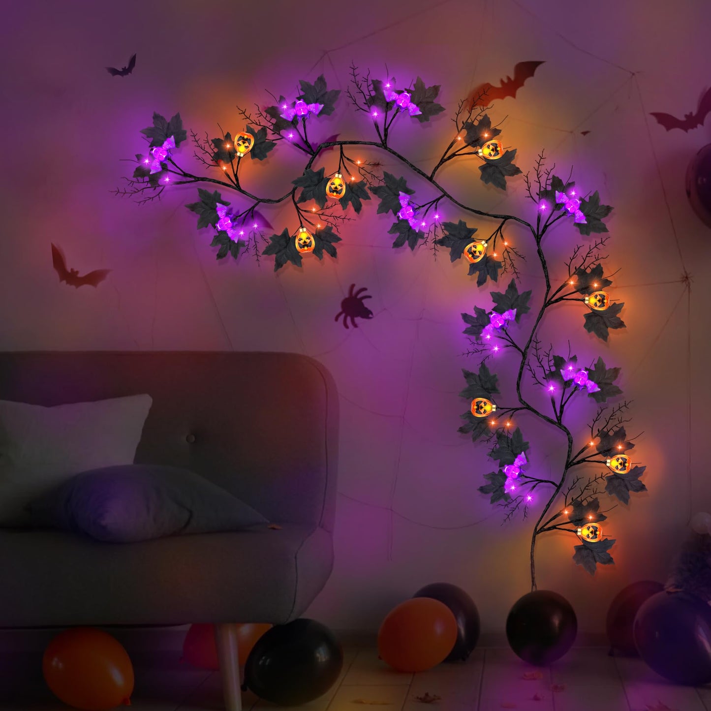 6FT 54 LED Willow Vine Twig Decor Black Halloween Garland with Pumpkin Bat Orange & Purple Light, 8 Modes Waterproof Battery Operated Indoor Halloween Decorations