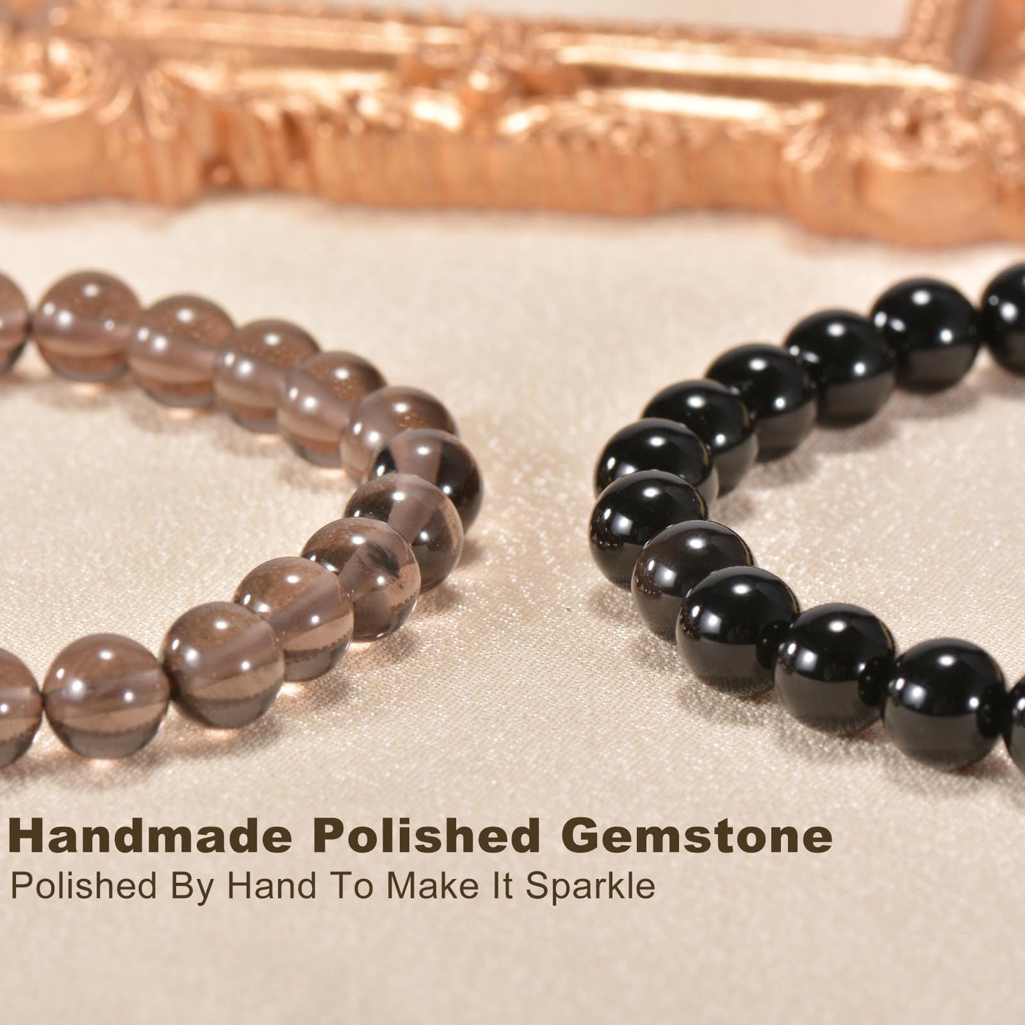 Aluckiss 8mm 2PCS Agate Bracelet for Women Men Natural Round Beaded Agates Stone Healing Stretch Bracelets Elastic Handmade Polished Gemstone Beads Bracelet Grey+Black 2 Colors