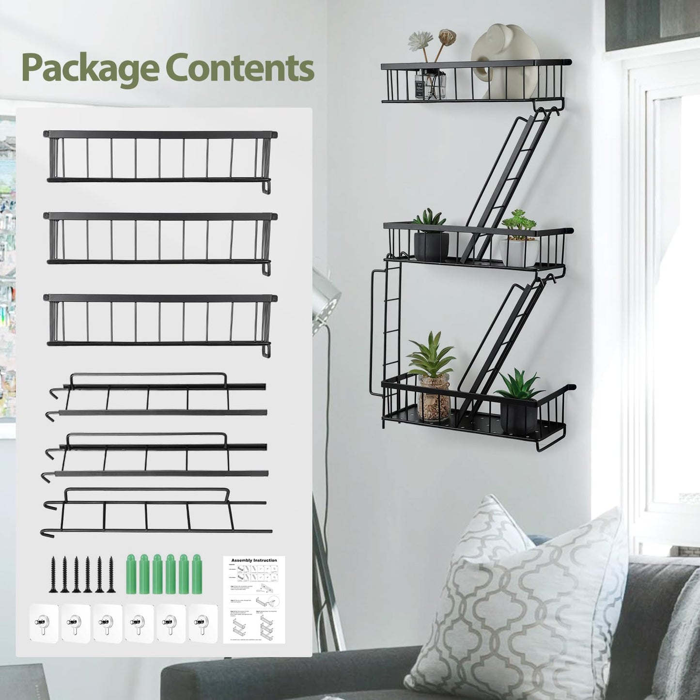 SweetSage Fire Escape Wall Shelf - New York Decorative Ladder Shelf, Wall Art Floating Shelf Black Metal Shelves for Bedroom, Home Office Storage and Display (3-Tier)