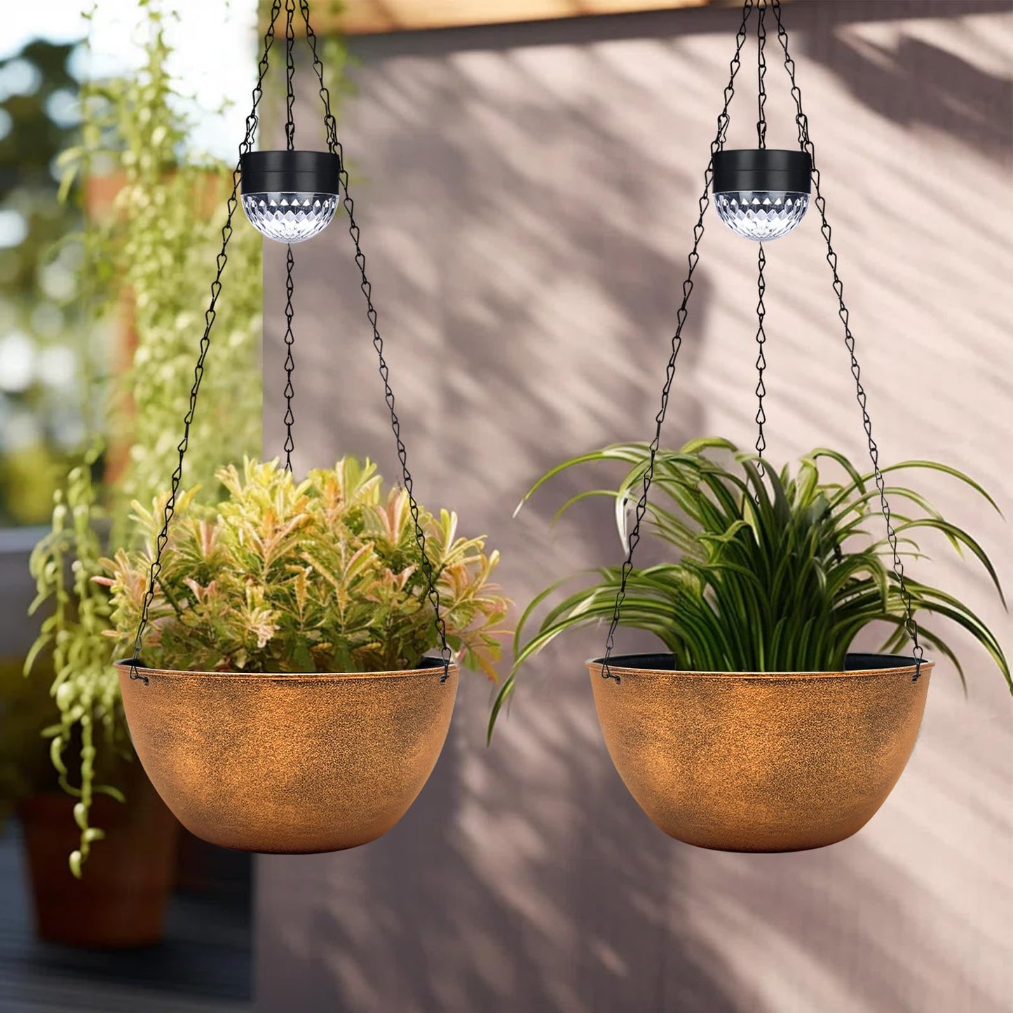 BAYN 2 Packs Solar Hanging Basket Planters for Plants Outdoor, Self Watering Bronze Flower Plants Pots with Solar Light Drainer for Balcony Patio Garden Outdoor Decoration