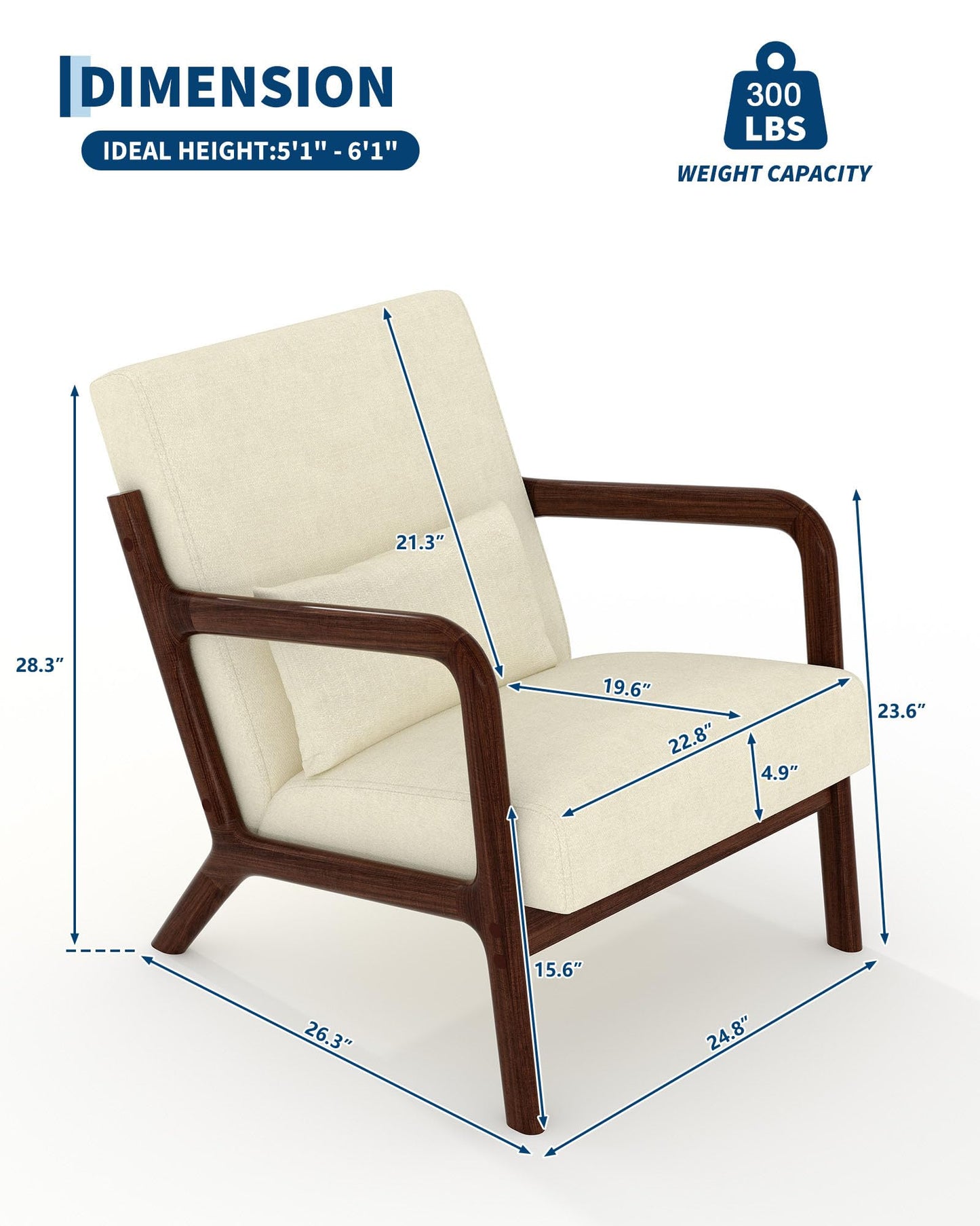Garvee Mid-Century Chenille Accent Chair, Cozy Reading Chair, Modern Lounge Armchair with Lumbar Pillow, Solid Wood Frame, for Living Room, Bedroom, Office, Beige