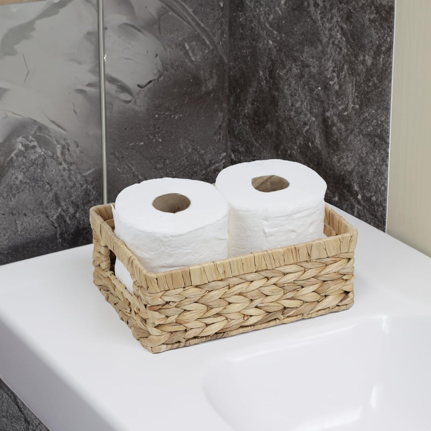 Wicker Baskets, Baskets for Organizing, Rattan Woven Basket for Storage, Organizer Bins with Built-in Handles, Storage Basket for Shelves (Water Hyacinth, Small)