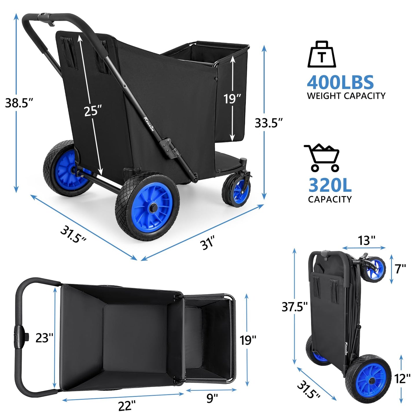 KEDSUM 11.3 Cu.Ft. 400LBS Large Capacity Beach Wagon with Big Wheels for Sand, 12" Rubber Wheels Beach Cart, Heacy Duty Collapsible Wagon for Sand, One-Click Foldable