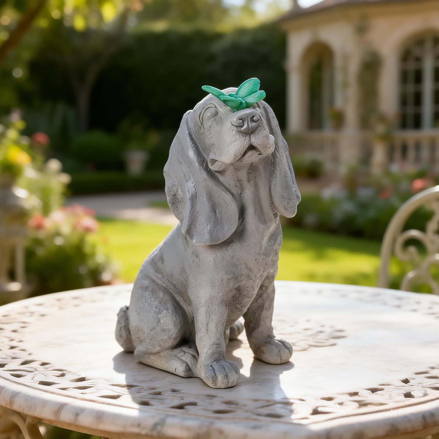 Ovewios Garden Statue Dog Figurines - Outdoor Dog Statue with Solar Butterfly Lights for Patio Yard Art Decor Balcony Lawn Ornament, Ideal Housewarming Gardening Gifts for Mom