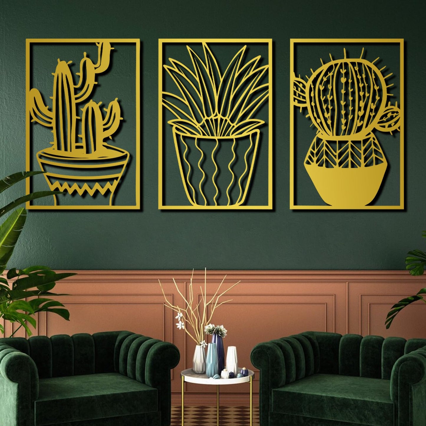 Metal Cactus Wall Decor, 3 Pcs Cactus Wall Art, Southwest Desert Wall Art, Large Plant Wall Decor, Natural Themed Metal Wall Hanging, Wall Art for Living Room, Yard, Outdoor (Black, 53"x105" | 134x270cm, metal wall art)