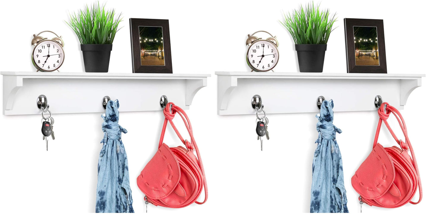 Greenco Entryway Wall Mounted Floating Shelf with Hooks, Hat and Coat Hanging Wooden Storage Shelf, 24” – White (Pack of 2)