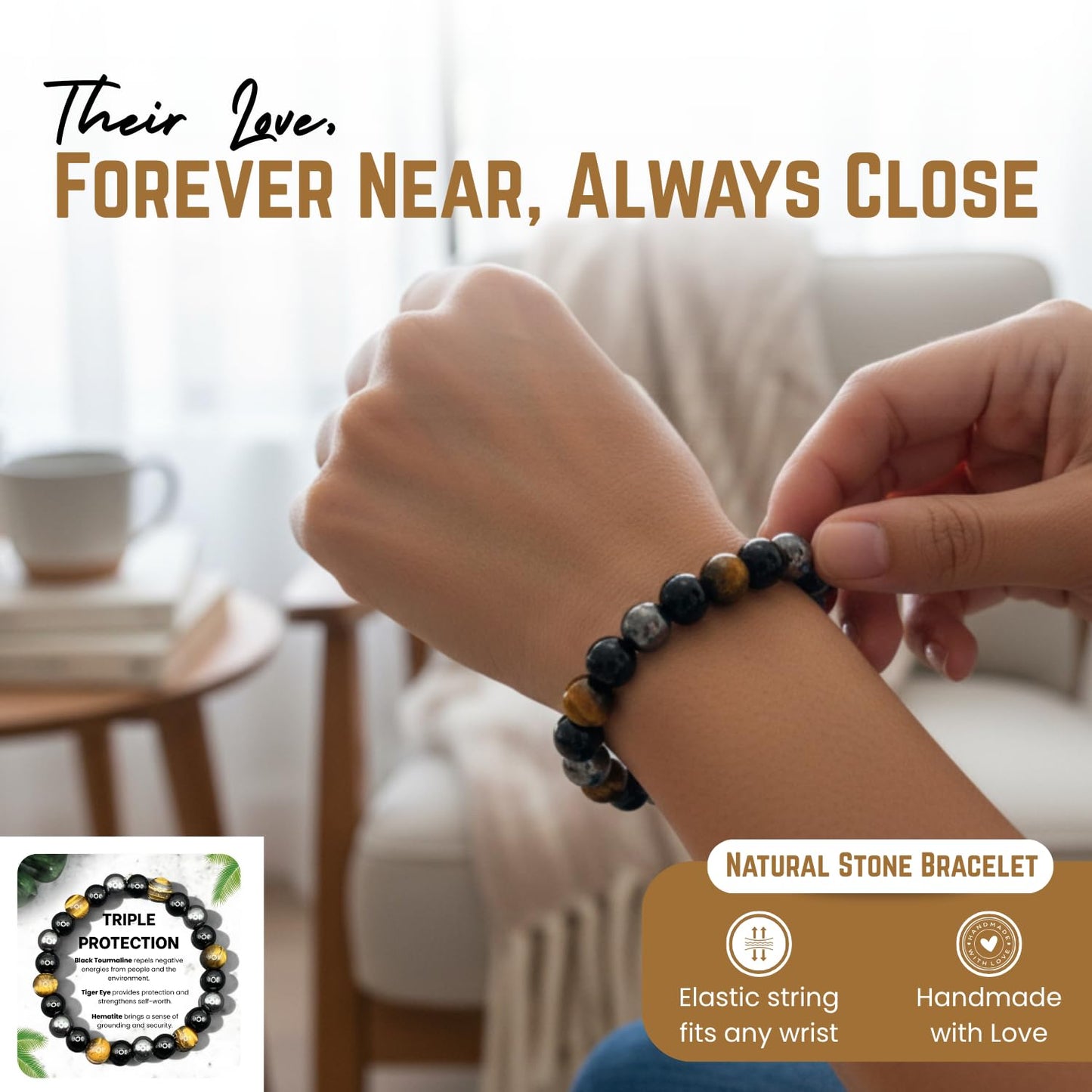 AKDNZ Protection Bracelet for Men & Women - 8mm Handmade Triple Protection Black Tourmaline, Hematite & Tiger Eye Bracelet, Natural Healing Crystal Gifts for Father's Day, Christmas & Anniversary