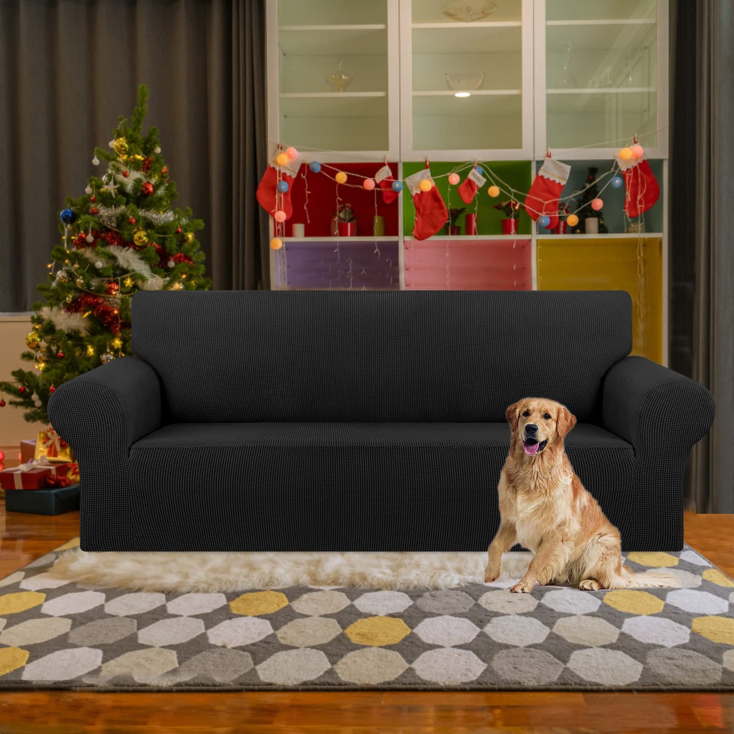 KEKUOU Stretch Sofa Cover Slipcover ,Couch Covers for 3 Cushion Couch Sofa pet Friendly (78"-94") Furniture Protector Sofa with Elastic Bottom for Kids,Dog, Jacquard Small Checked(Large,Black)