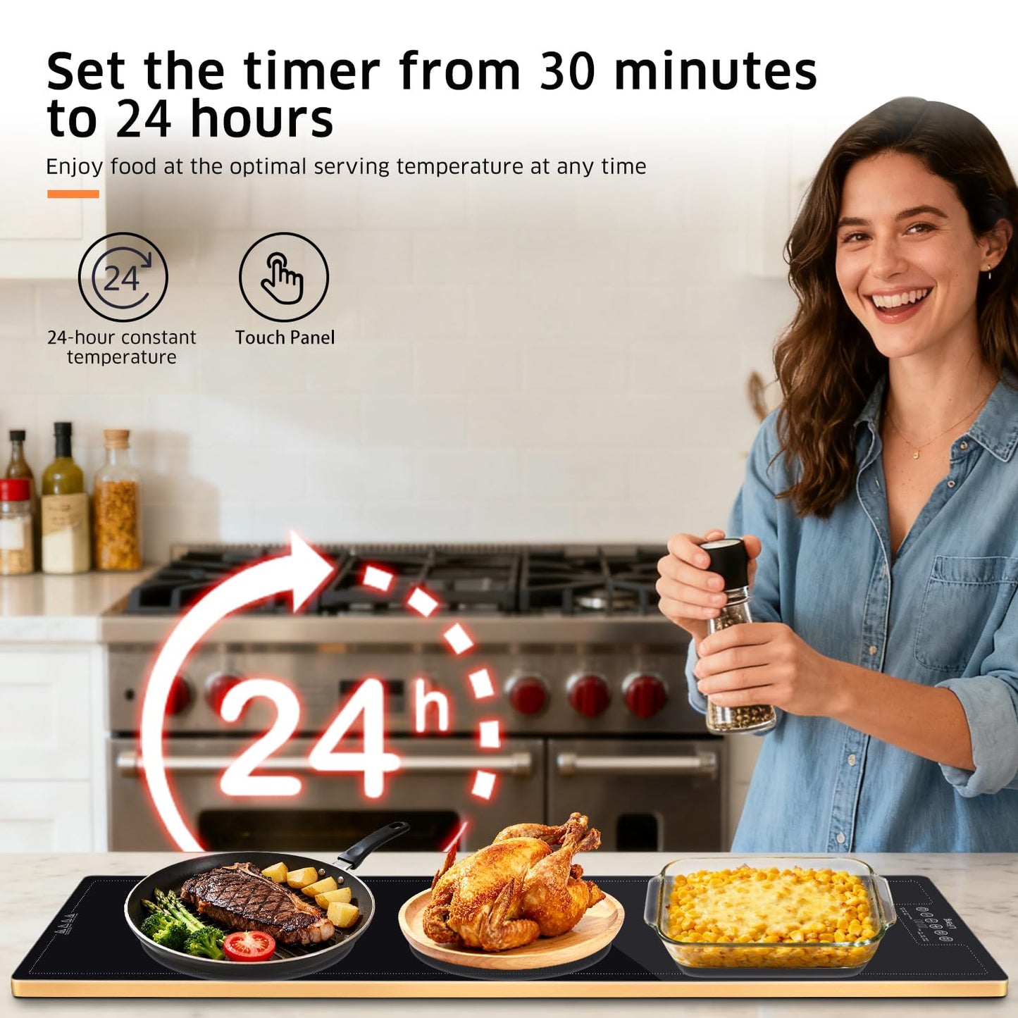 LIFENG Electric Warming Tray 40" x 14" – Glass-Top Full-Surface Food Warmer with 6 Temperature Modes & Timer, Warming Tray for Buffets, Parties, Sabbath, Holidays & Everyday Dining,Black