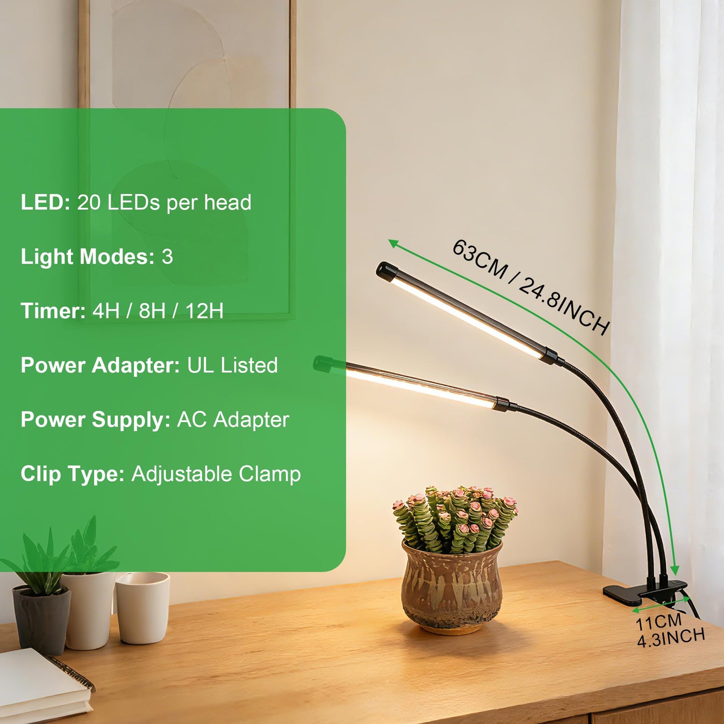 Dual Head Grow Lights for Indoor Plants, 40 LED Full Spectrum Plant Light with Clip & UL-Certified Adapter, 3 Light Modes & 5-Level Dimmable, 4/8/12H Auto Timer for Seedling, Succulents