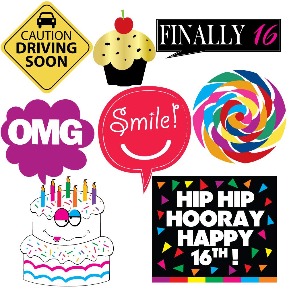 16th Birthday Photo Booth Props - 40 Pieces - Funny Birthday Party Supplies for Him or Her - Photo Booth Decorations, Favors and Gifts
