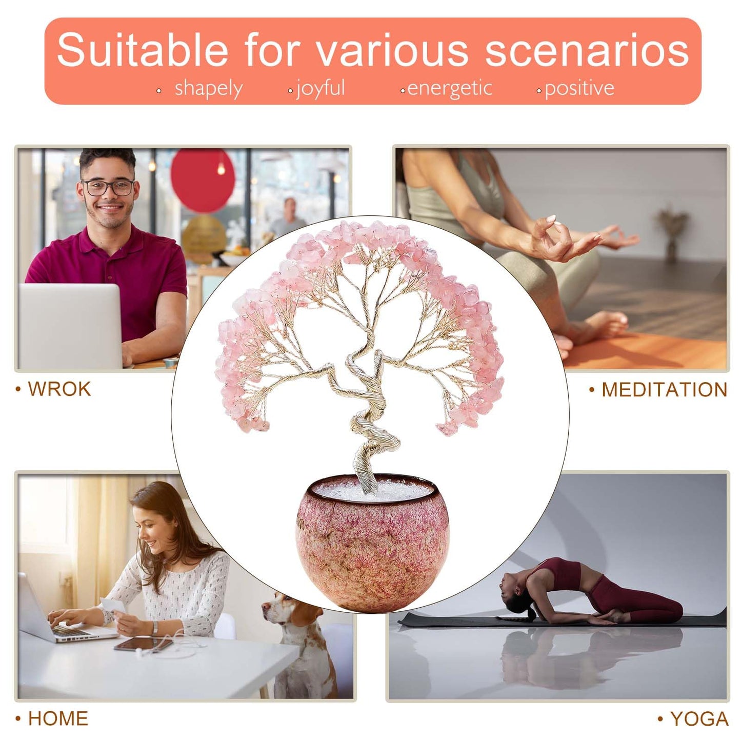 Runyangshi Rose Quartz Crystal Tree of Life - 7in Chakra Crystal Money Tree with 297 Natural Healing Crystal Gemstone for Love, Feng Shui, Luck, Balancing Energy Home Decor & Spiritual Gift