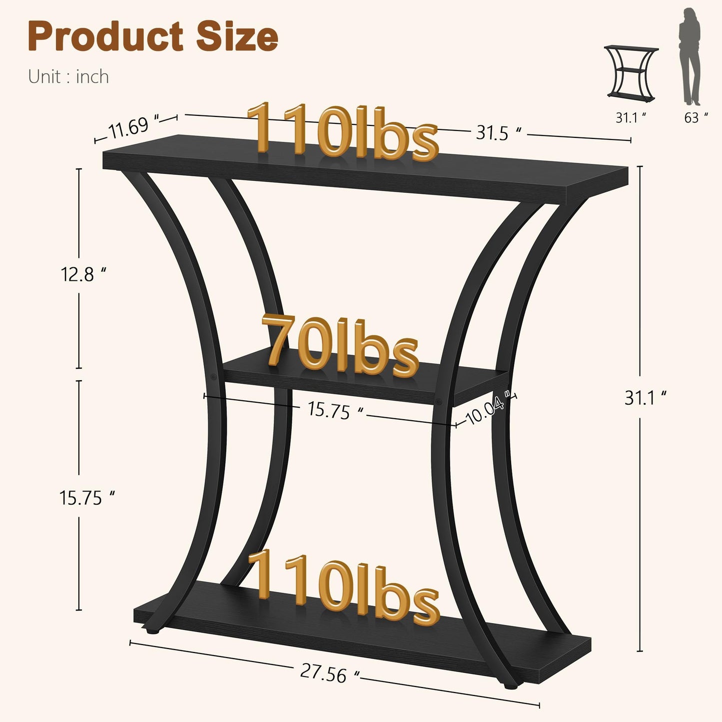 Hoctieon 3 Tier Console Table with Open Wood Shelves, Decorative Entryway Table with Curved Metal Frames, Narrow Sofa Table for Entrance, Living Room, Hallway, Black