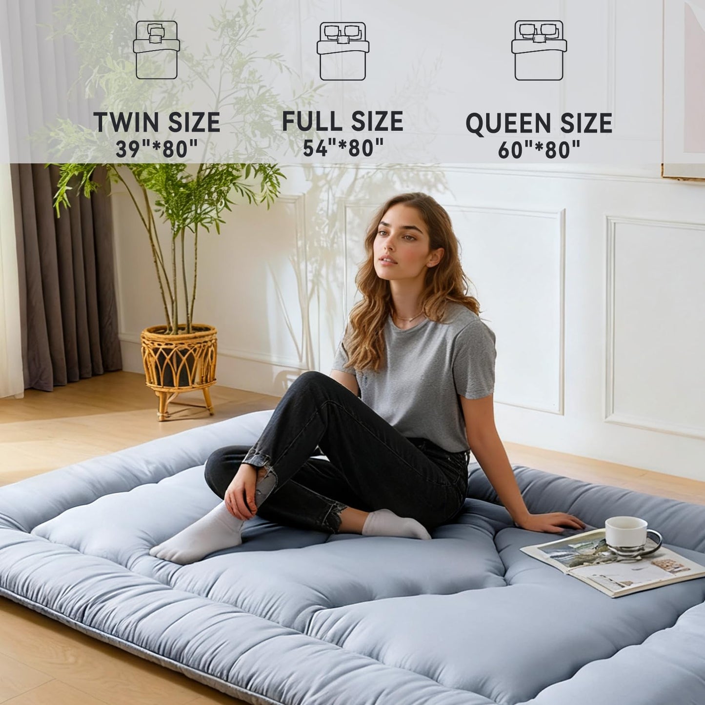 Ingdgnoso Japanese Floor Mattress, 3.5" Thicken Futon Mattress Tatami Mat, High Density Foam Support for Adult Kids Sleep, Portable Futon Sofa Bed for Camping, Pet Mat, Twin 80"x 39"(Silver Gray)