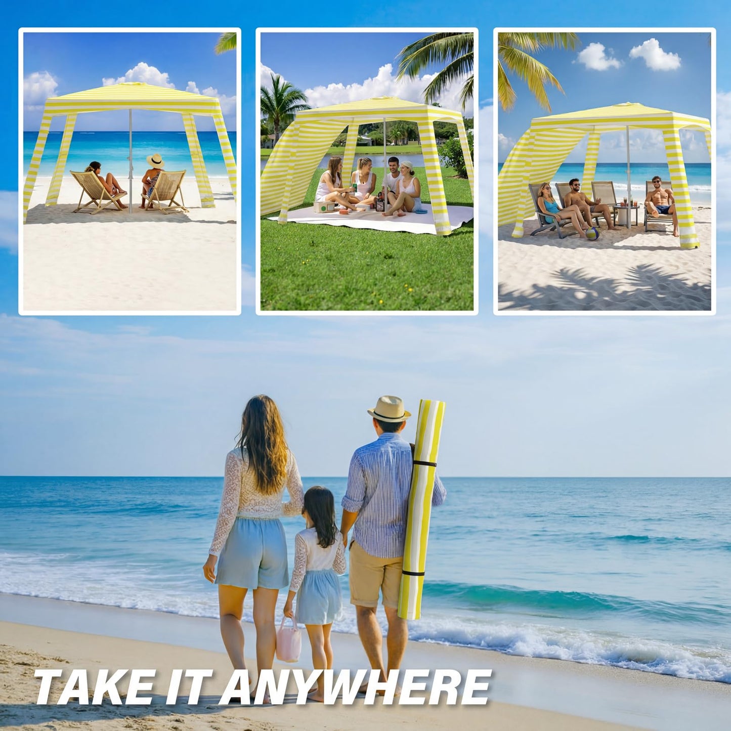 Beach Cabana-6.6x6.6’Beach Canopy with Side Wall,Portable Umbrella Tent with Sand Pockets for Family & Friends,Easy Up Beach Sun Shelter for Outdoor Patios,Backyards,and Camping,Yellow Stripes