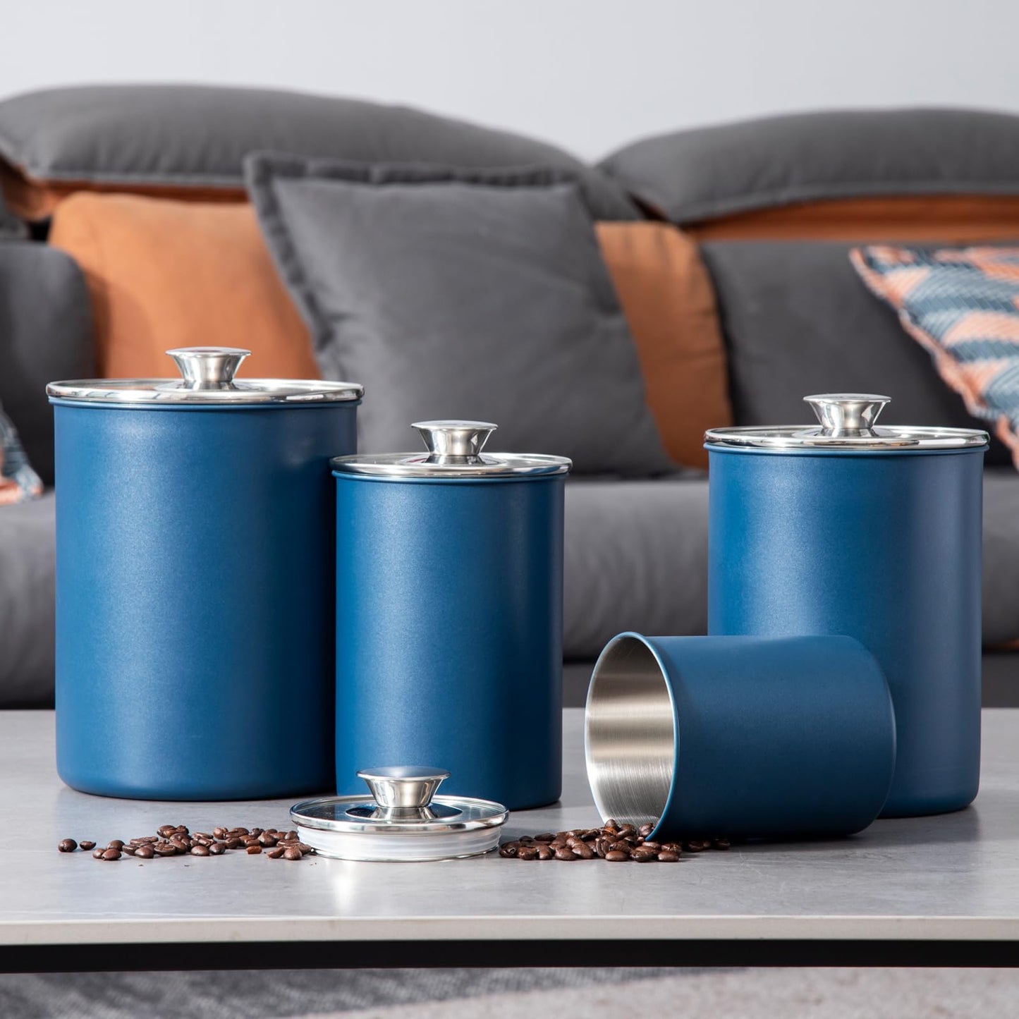 malmo Stainless Steel Food Canister Set of 4-Piece, 16/49/85/132 Ounces,Airtight Containers with Glass Lid for Tea,Coffee,Sugar,Flour,Pantry Kitchen Storage Storeroom Counter (Blue)