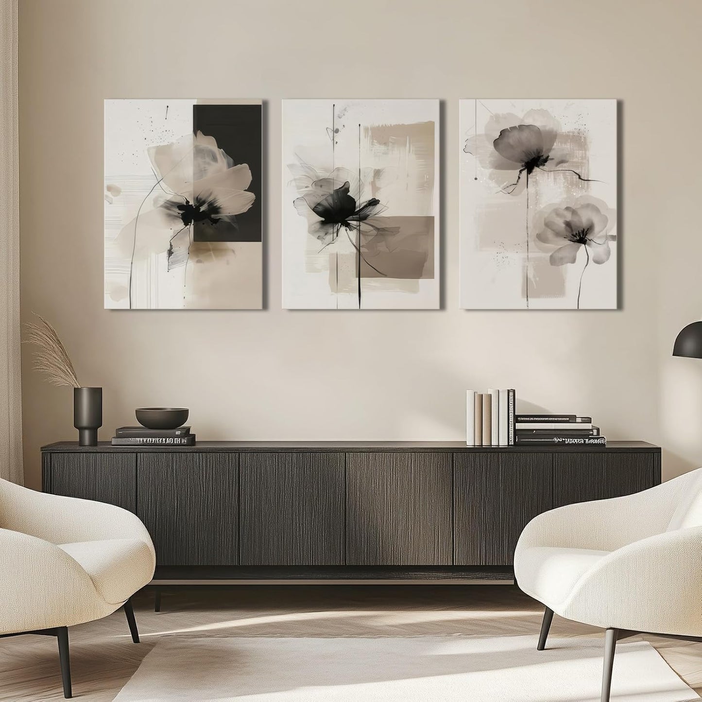 Neutral Abstract Floral Canvas Wall Art Modern Large Minimalist Wall Decor Contemporary Beige Black Flower Posters Prints Picture for Living Room Bedroom Bathroom Office 12x16 In Framed