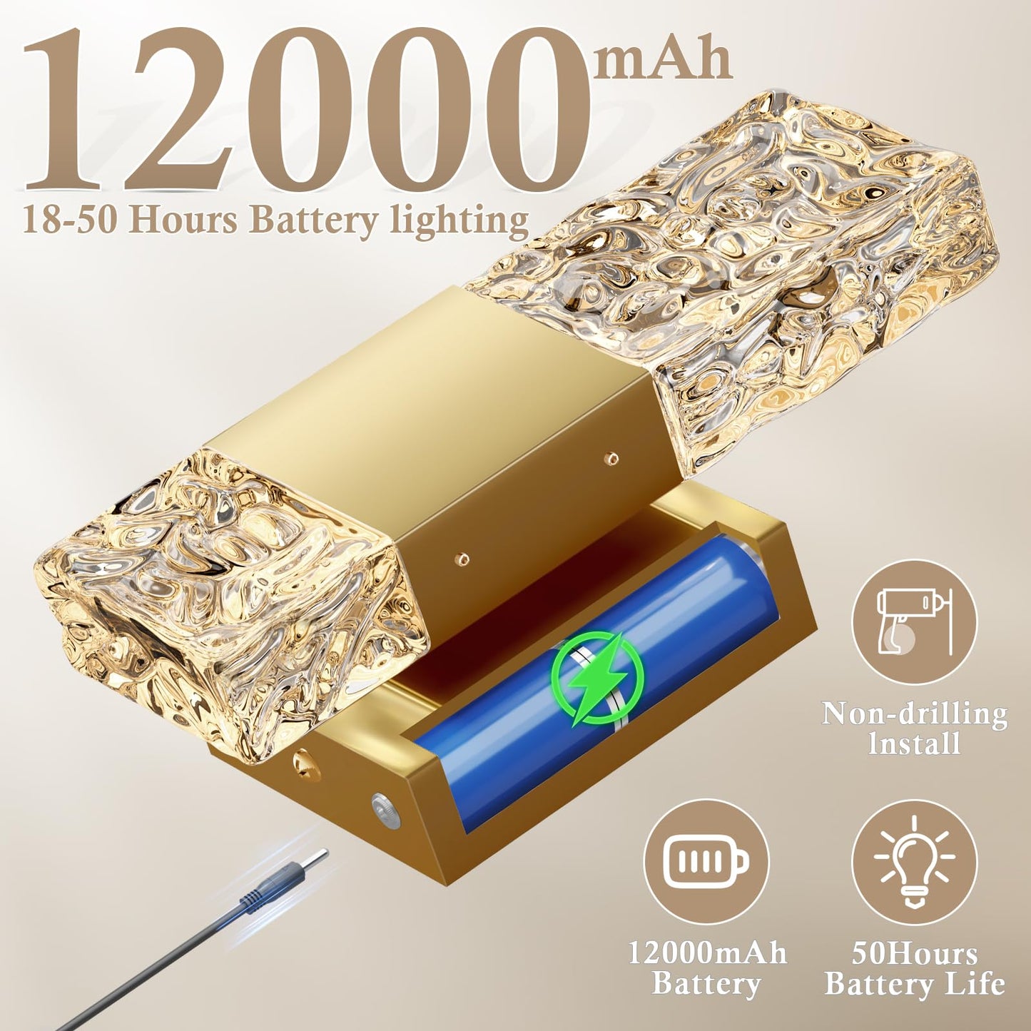 camuucci Battery Operated Wall Sconce Rechargeable Battery Powered 12000mAh Wall Light Indoor Not Hardwired Wall Lamp Fixtures for Bedroom Living Room 2Pack