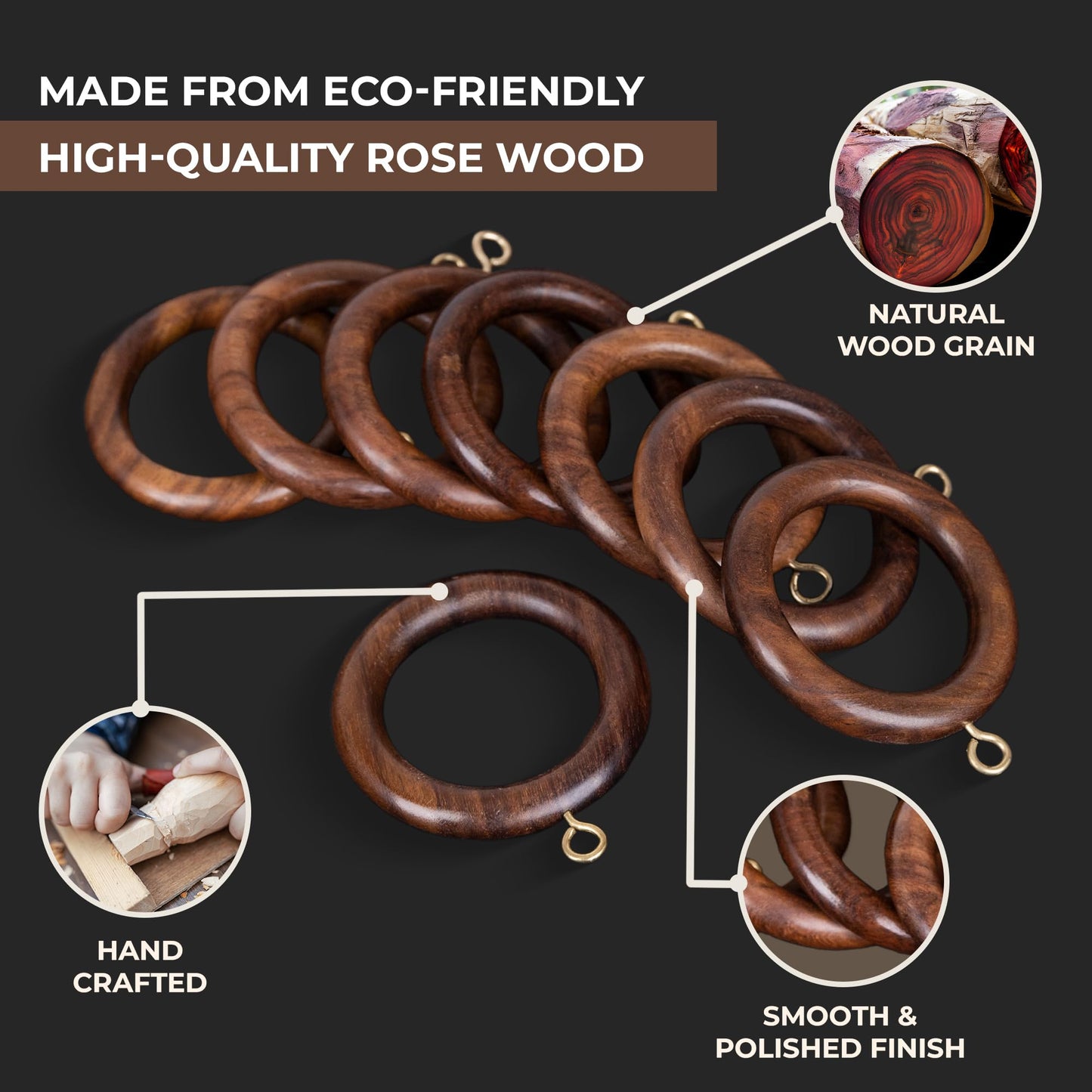 INANOSA 48 Pcs Handcrafted Natural Rose Wood Curtain Rings with Hooks – 3.5" Outer, 2.7" Inner Diameter – Smooth Wooden Drapery Rings for Rod with Metal Hooks