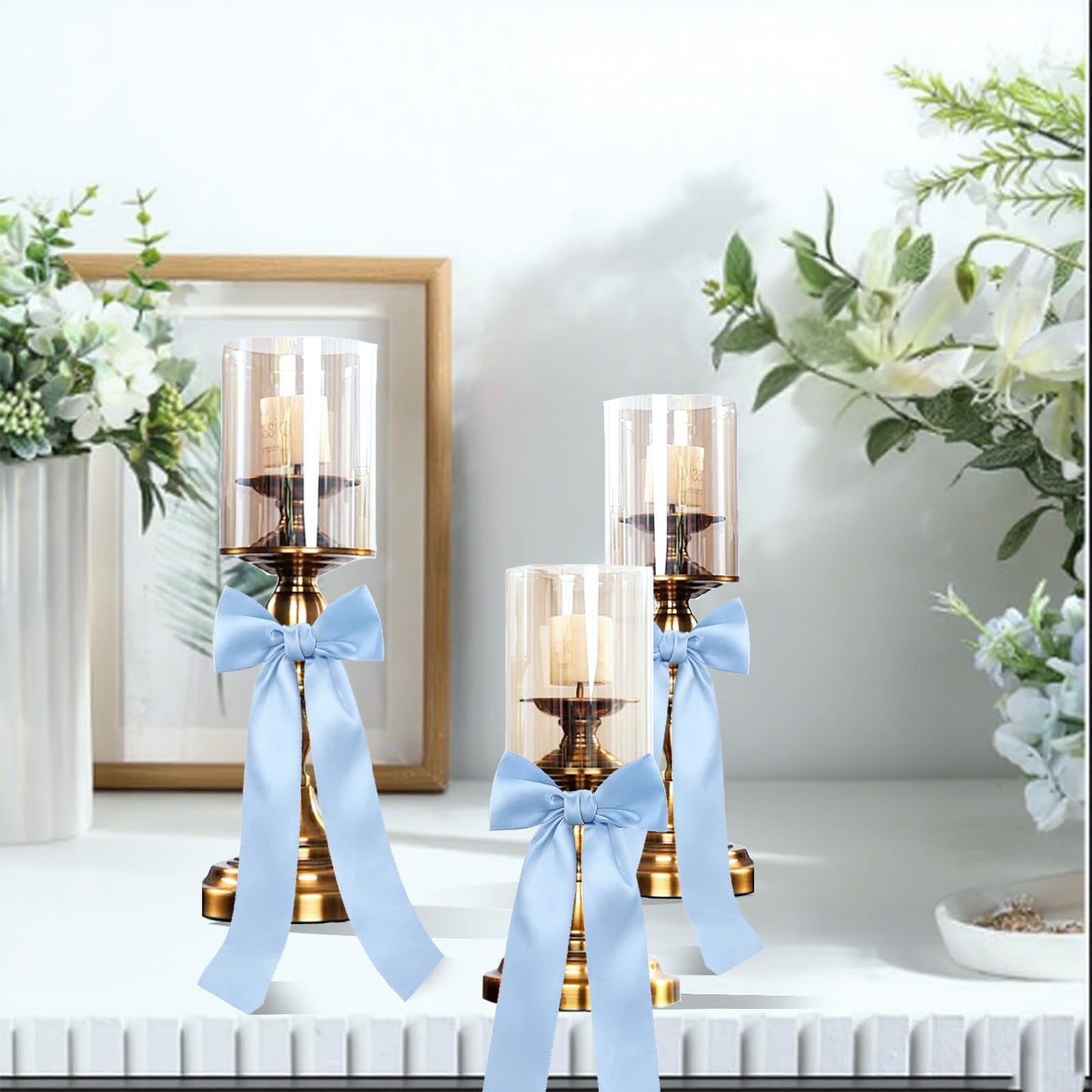 16pcs Blue Candlestick Bows Decor Blue Twist Tie Bows Ribbon Bows Set - 13 Inch Candlestick Decorations for Weddings, Parties, Bridal Showers & Home Decor