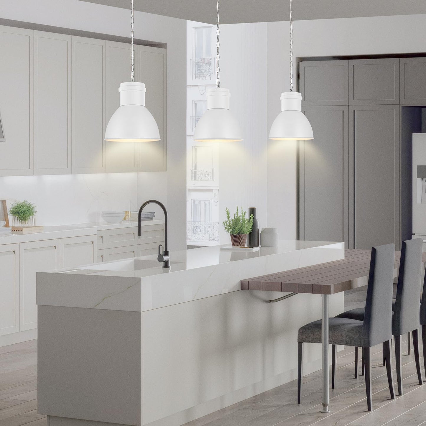 BoostArea White Pendant Lights Kitchen Island, 10.6" Large Metal Shade and 70.9'' Adjustable Height, Modern Pendant Lighting Fixtures,Farmhouse Hanging Pendant Light for Kitchen Island/Bar,No E26 Bulb