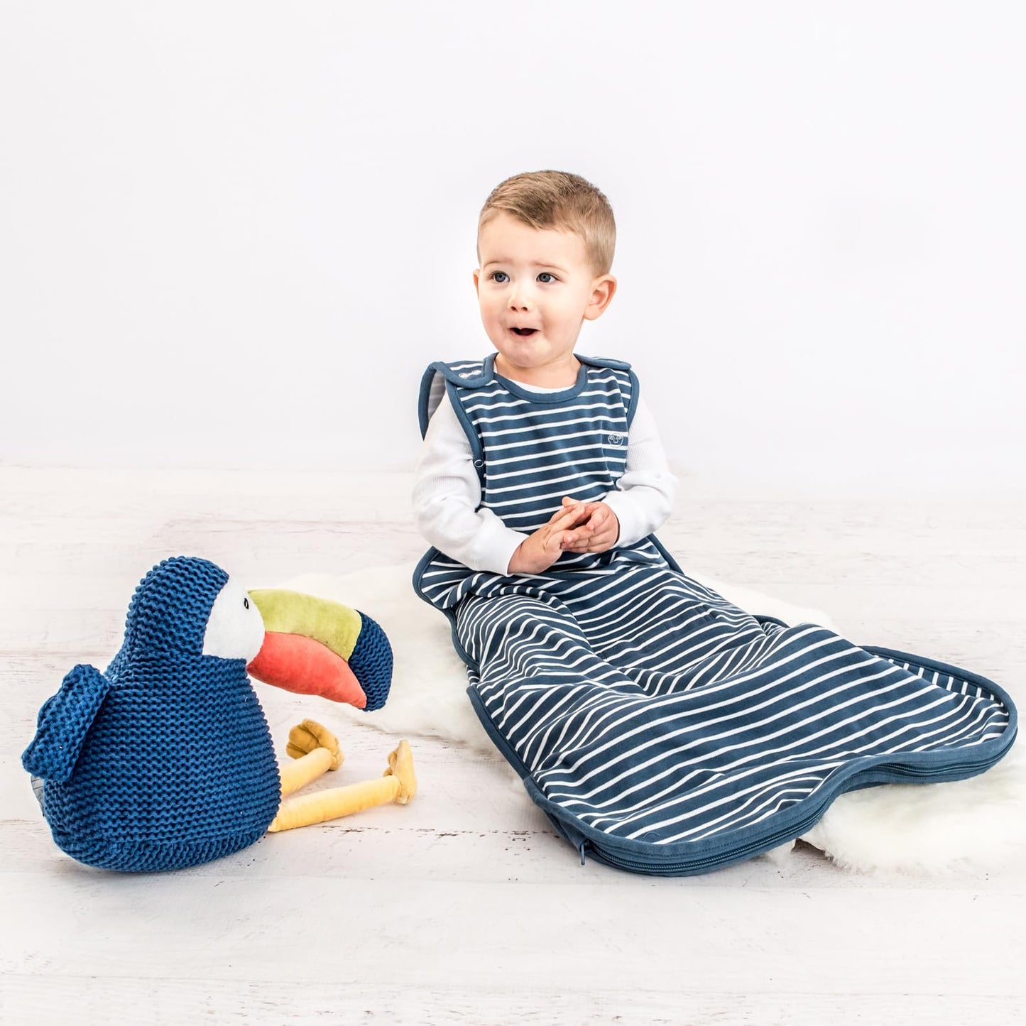 Woolino 4 Season Ultimate Baby Sleeping Bag - Merino Wool and Organic Cotton - Universal Size Adjustable Sleep Sack for Baby - Two-Way Zipper Sleeping Bag (2-24 Months) - Navy Blue