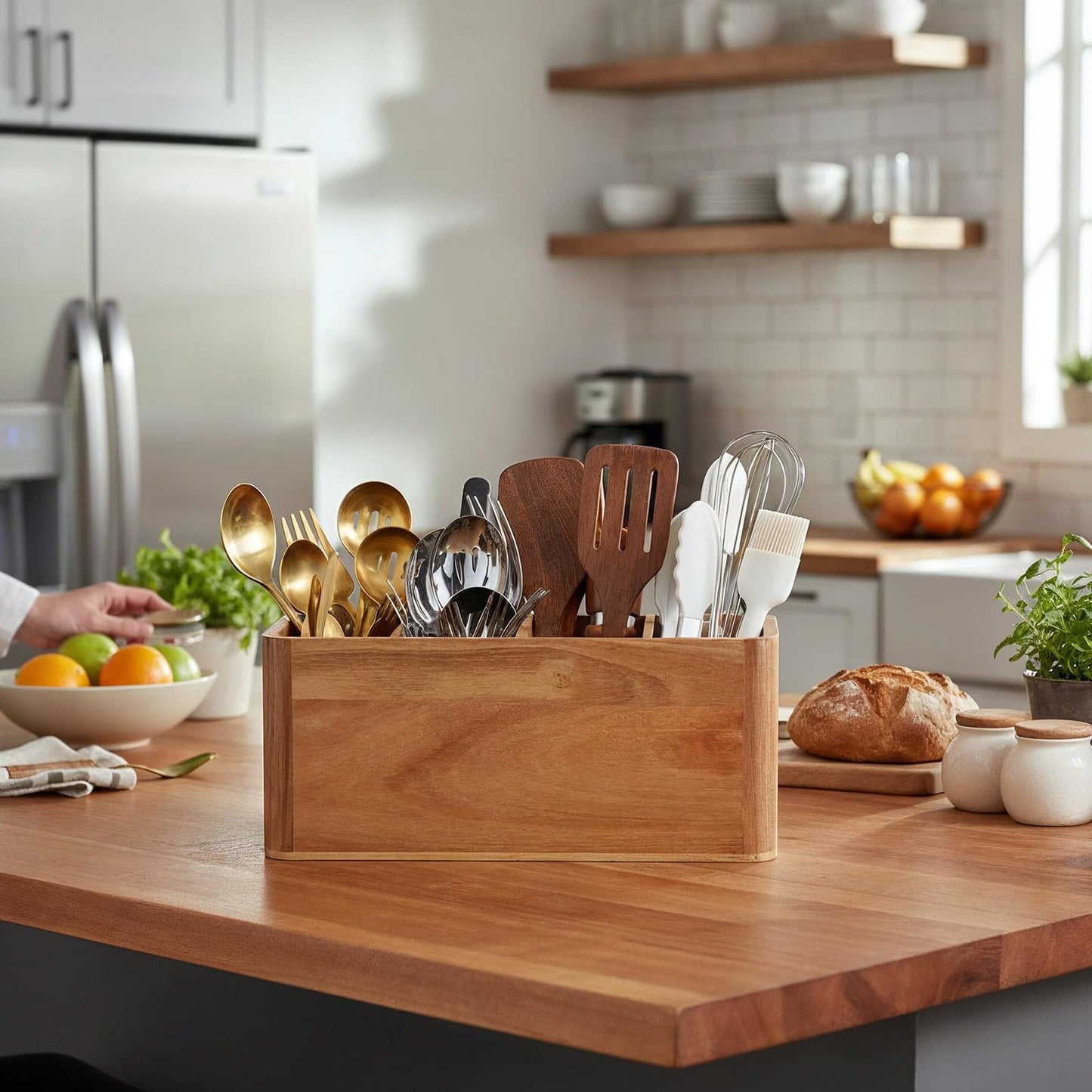 Xosjska Wooden Kitchen Utensil Holder Organizer for Counter or Countertop, Extra Large Acacia Wood Organizer with 4 Compartments for Storage Spoons and Spatulas Utensils and Cutlery Storage