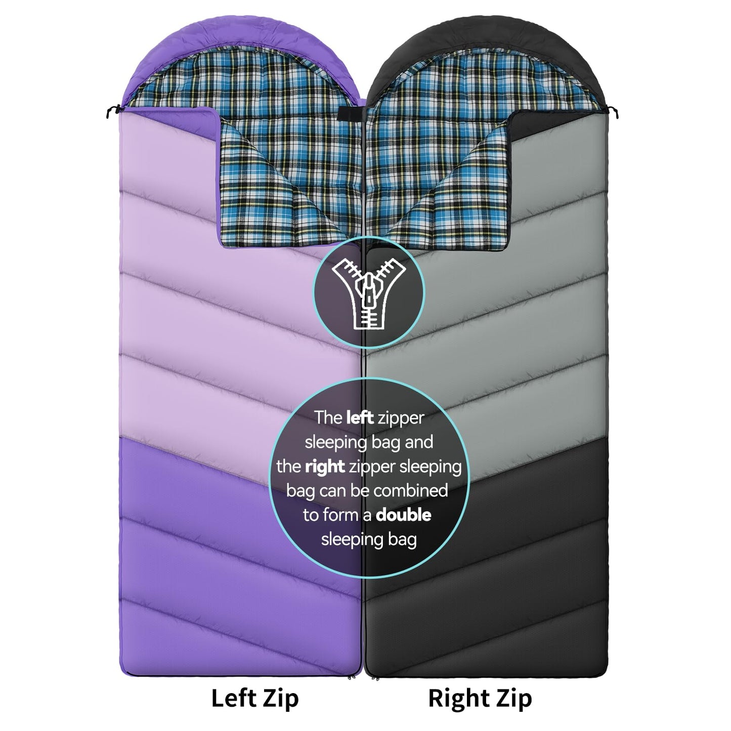 Cotton Flannel Liner Sleeping Bag for Adults Teens Kids, Cold Weather & Warm, 3 Seasons, Lightweight Compact Camping Essentials Equipment, Hiking, Outdoor, Travel (Bias) (Black Grey)