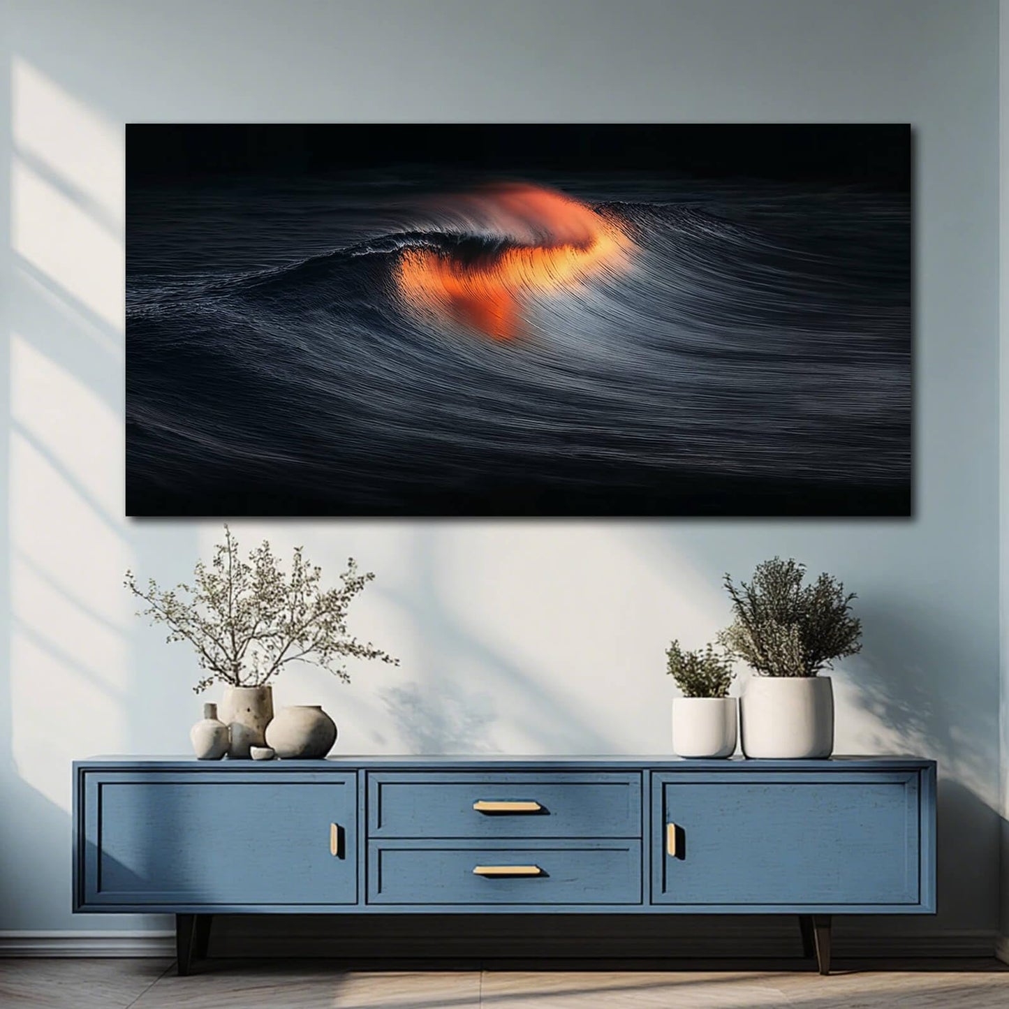 YETHEN WAL Dark Ocean Wave Wall Art Sunset Fire Canvas Prints Abstract Seascape Artwork for Living Room Bedroom Office Decor 24x48 Inch