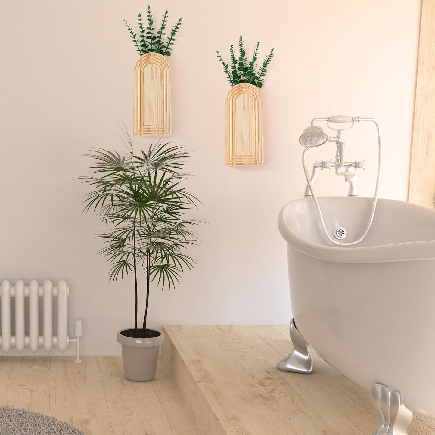 2 Pcs Wooden Wall Vase Set for Decor with 10pcs Artificial Eucalyptus Plants-Boho Hanging Planter Modern Farmhouse Wall Decor for Bathroom Living Room Dining Room Bedroom Kitchen