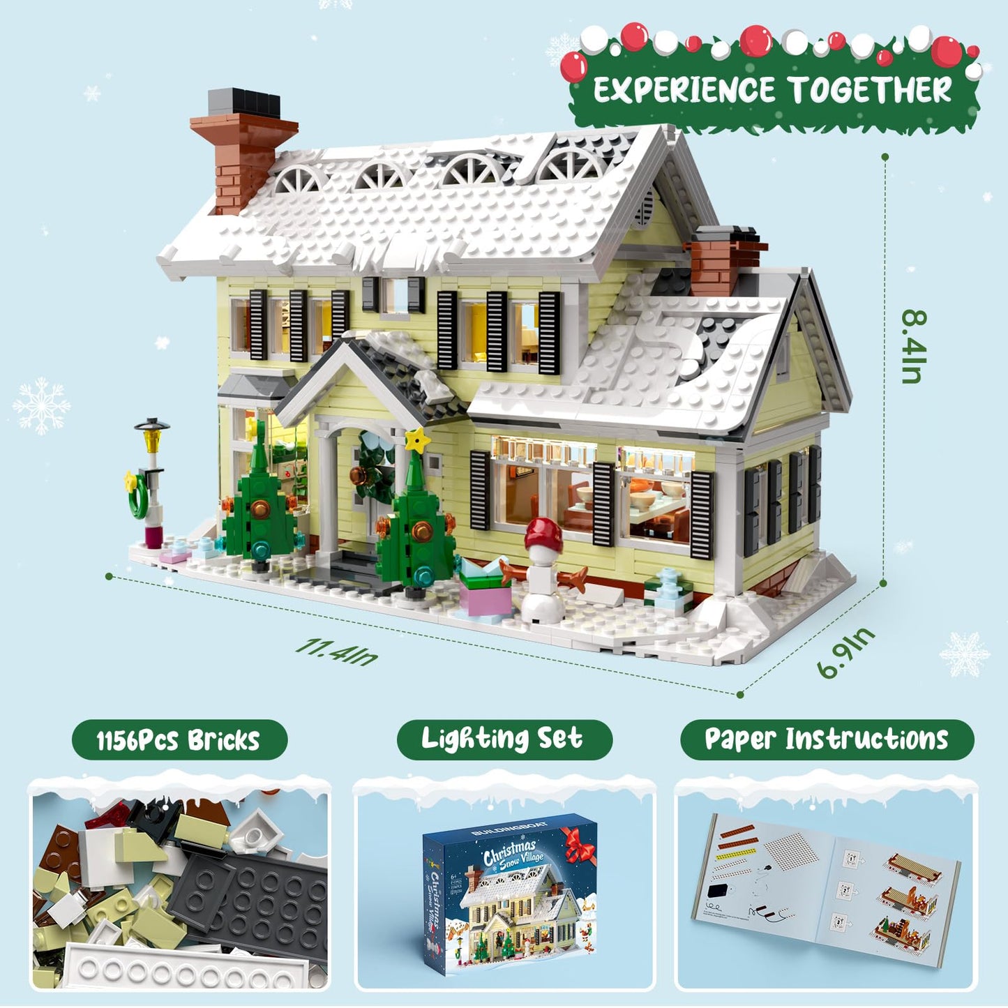 Christmas Holiday House Building Set, LED DIY Christmas Holiday Snow Village, Christmas House Compatible with Lego Gifts for Boys, Girls, Family, and Friends (1156pcs)