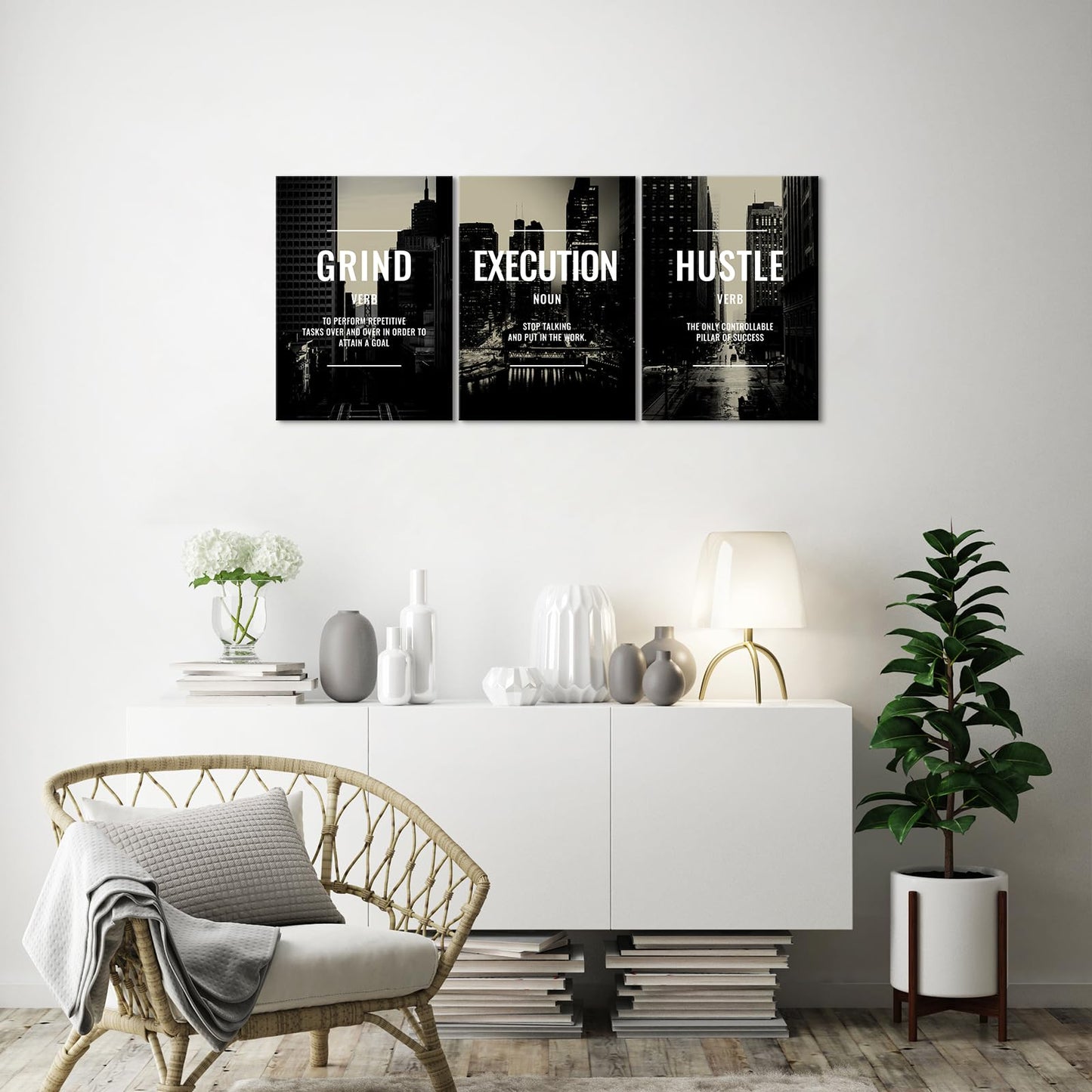 Xbolu Motivational Wall Decor Framed Grind Hustle Execution Wall Art Inspirational Canvas Wall Decor for Office Pictures Motivational Posters Artwork Office Ready to Hang