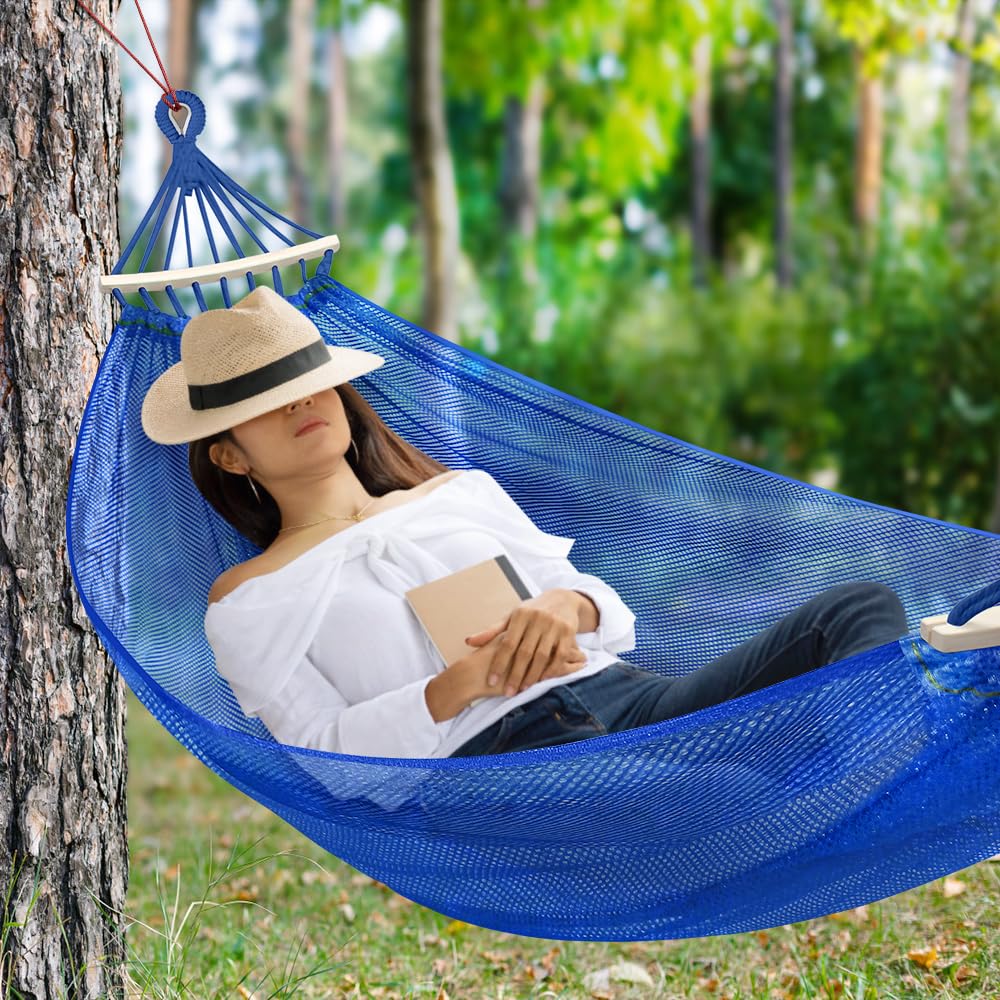 Outdoor Hammock, Super Soft and Breathable Mesh Hammock Made of Cool Nylon with Wooden Bars for Indoor, Balcony, Terrace, Garden, Camping, Backpacking