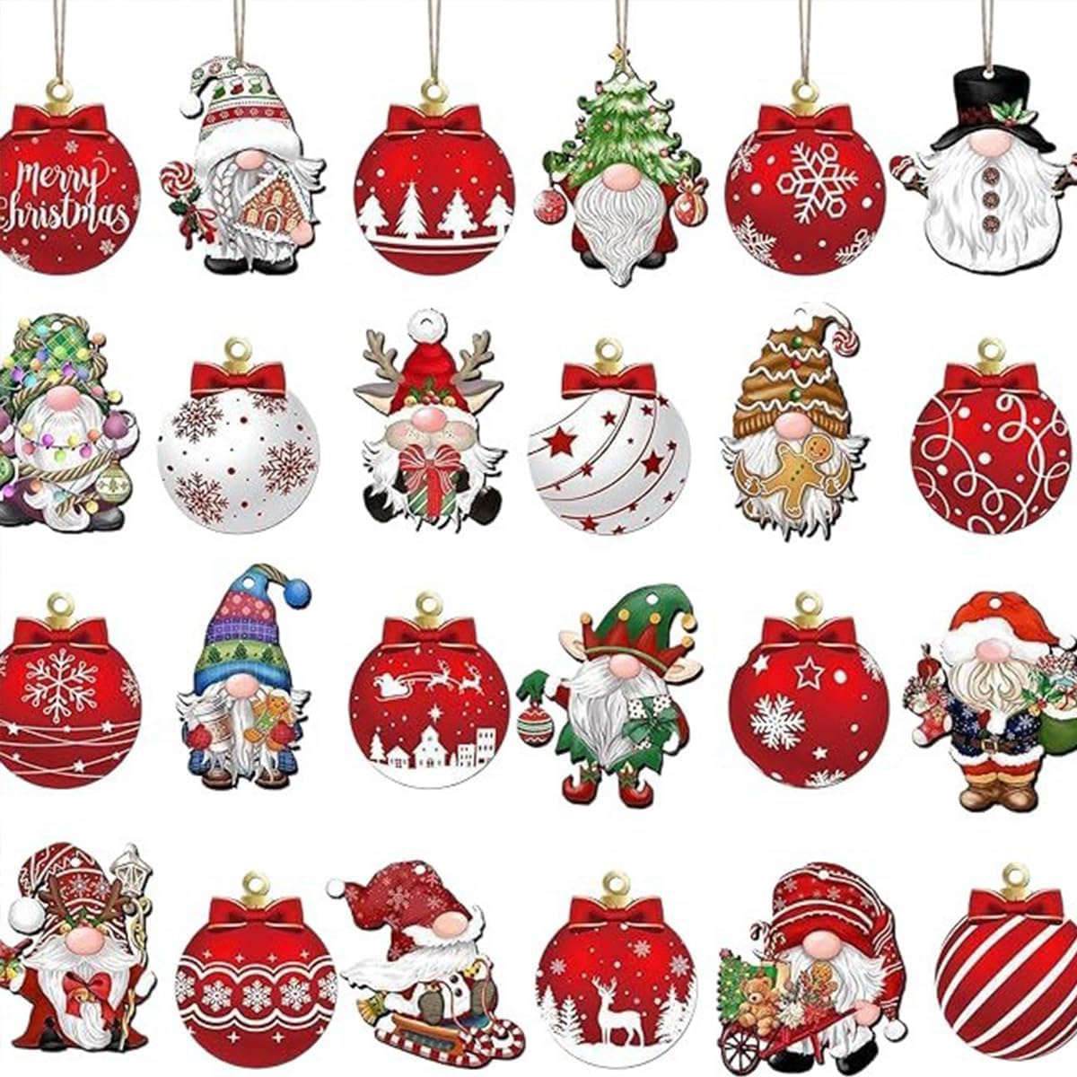 24Pcs Christmas Tree Decorations Set Christmas Dwarf Wooden Hanging Ornaments Red Christmas Ball Design Christmas Ornaments for Tree Winter Home Decoration Holiday Party DIY Crafts