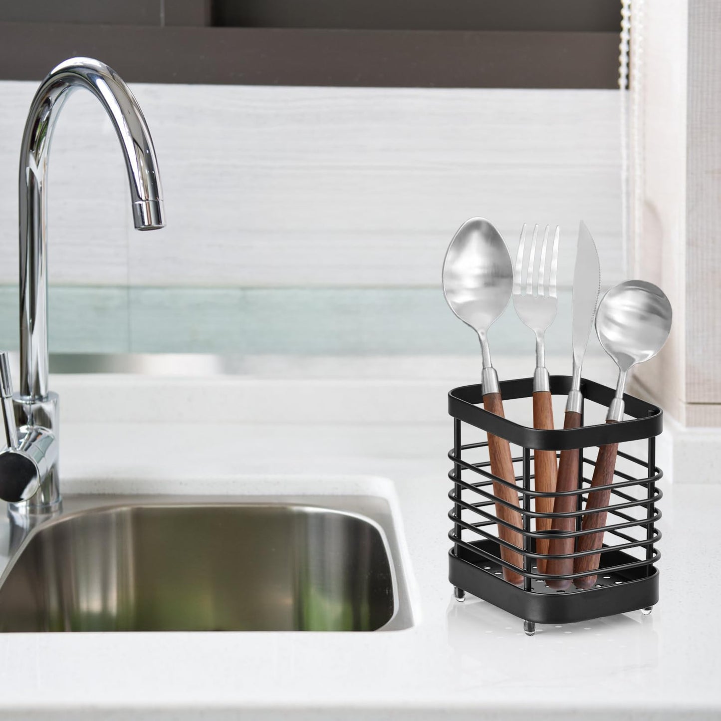 IWNTWY Utensil Holder, Stainless Steel Utensil Drying Rack for Kitchen Counter, Silverware Cutlery Flatware Holder Forks, Knives, Spoons, Chopsticks Organizer (Black)