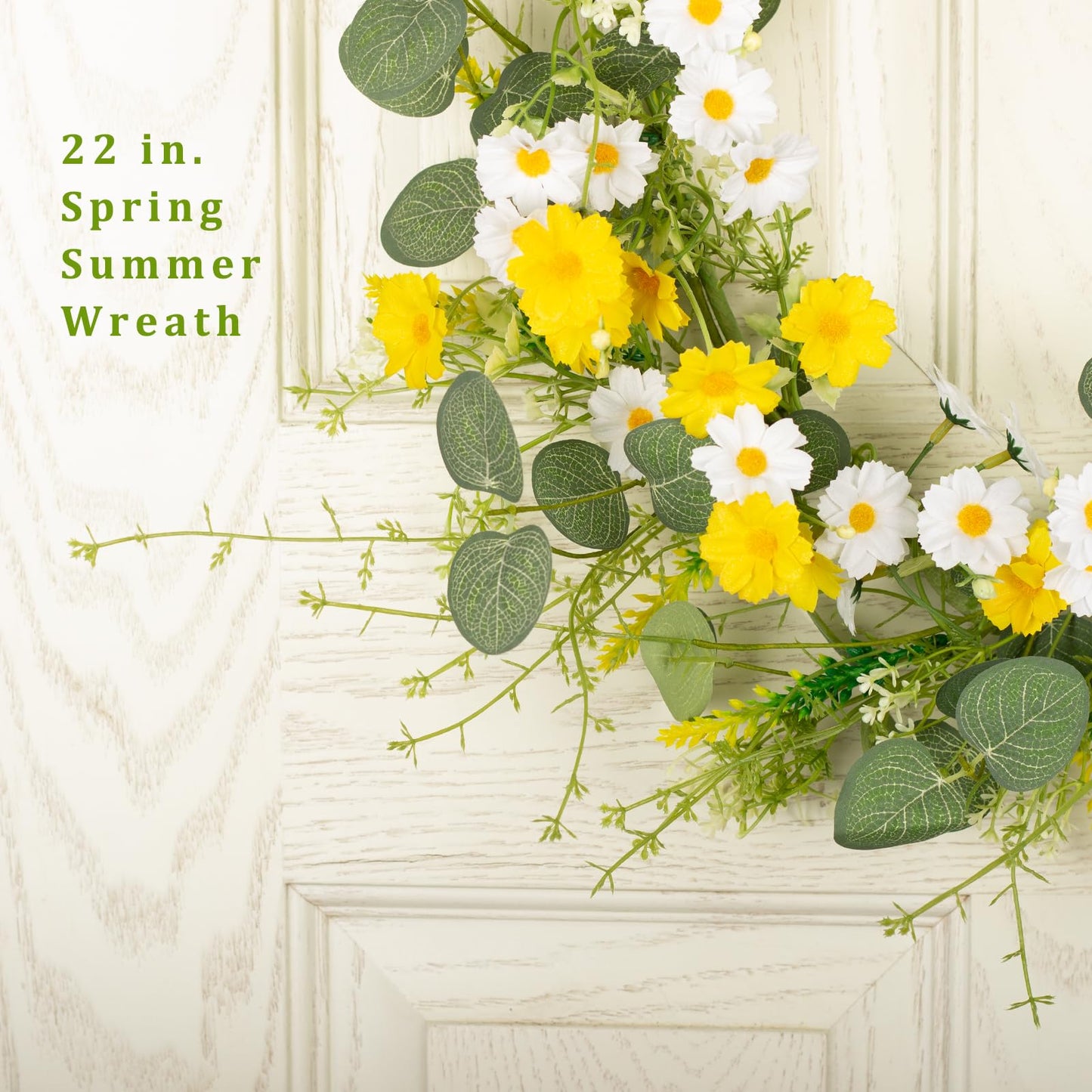 YUGALI 22" Spring Summer Wreath for Front Door Artificial Green Eucalyptus Yellow White Daisy Flower Lavender Sage Handmade Farmhouse Outdoor Indoor Wedding Home Decor