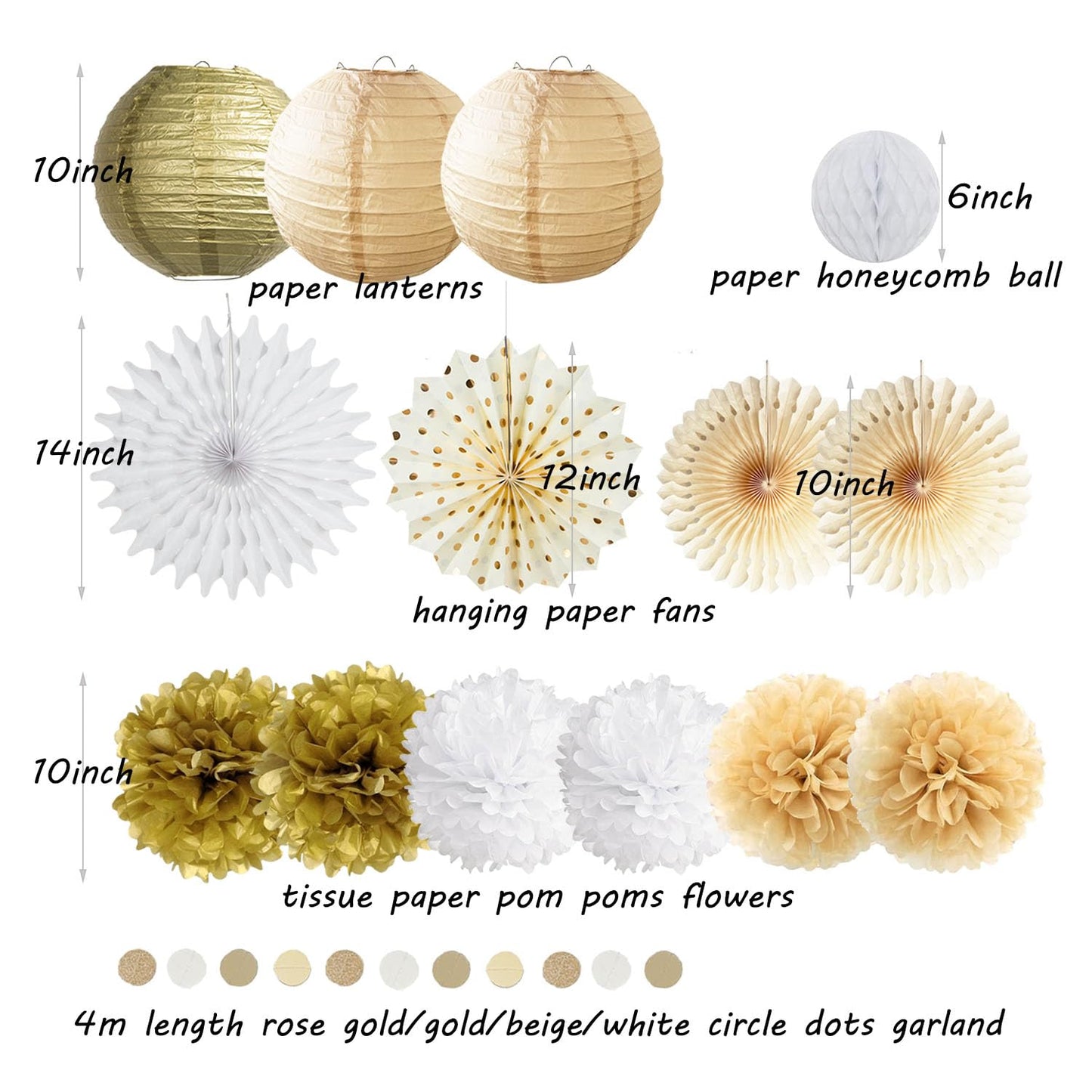 White Gold Party Decorations Tissue Pom Poms Paper Lanterns Hanging Paper Fan Honeycomb Christmas Wedding Engagement Bachelorette Neutral Birthday Baby Bridal Shower Decoration