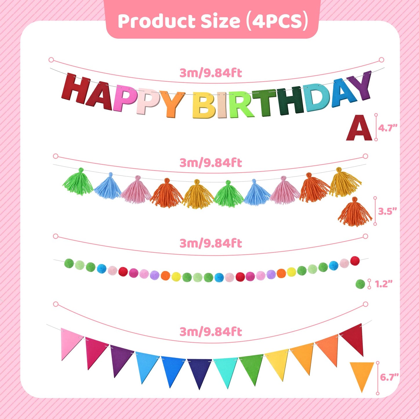 4Pcs Felt Pre-Strung Happy Birthday Banner, Handmade Wool Felt Ball Garland, Triangle Flags, Decorations for Kids Adults Party Supplies, Rainbow Party Decorations Fireplace Mantel Wall Window