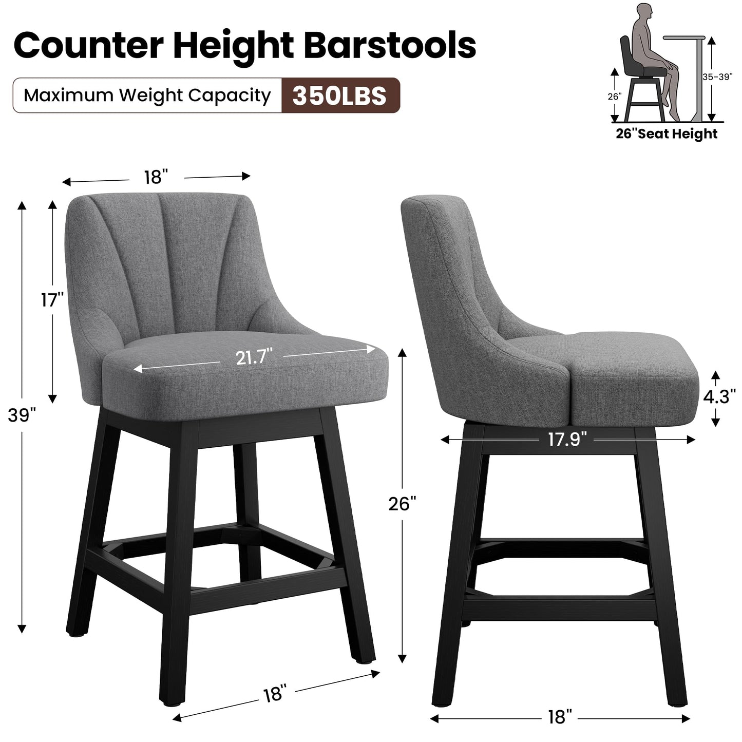 REONEY Swivel Bar Stools Set of 3, Fabric Upholstered Counter Height Barstool, 26" Modern Kitchen Island Chairs with Back and Solid Wood Legs for Home Bar Dining Room, Dark Grey
